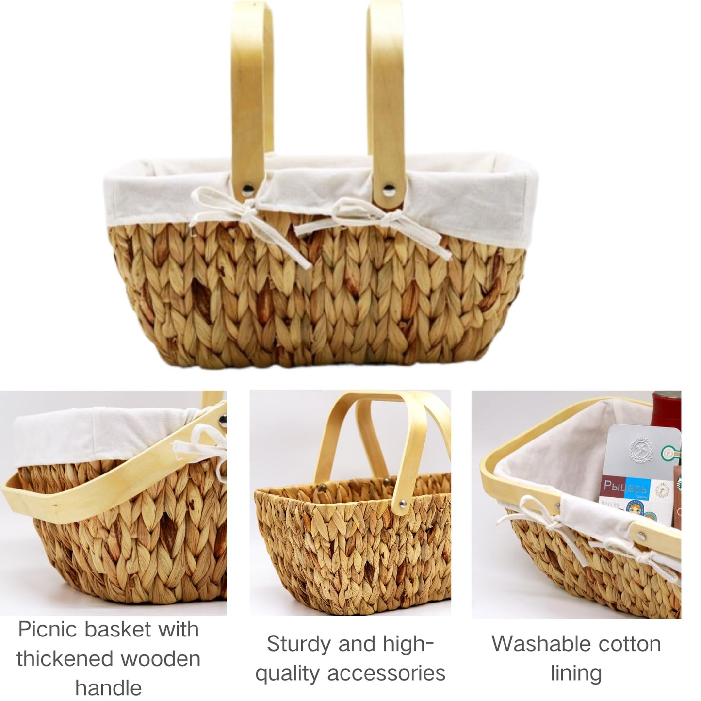 Basket with Handle-Wicker Picnic Basket,Natural Hand-Woven Basket with Lining Removable and Washable,Suitable for Easter,Mother's Day,Outdoor Camping,Picnic Size 15x9x7 Inches