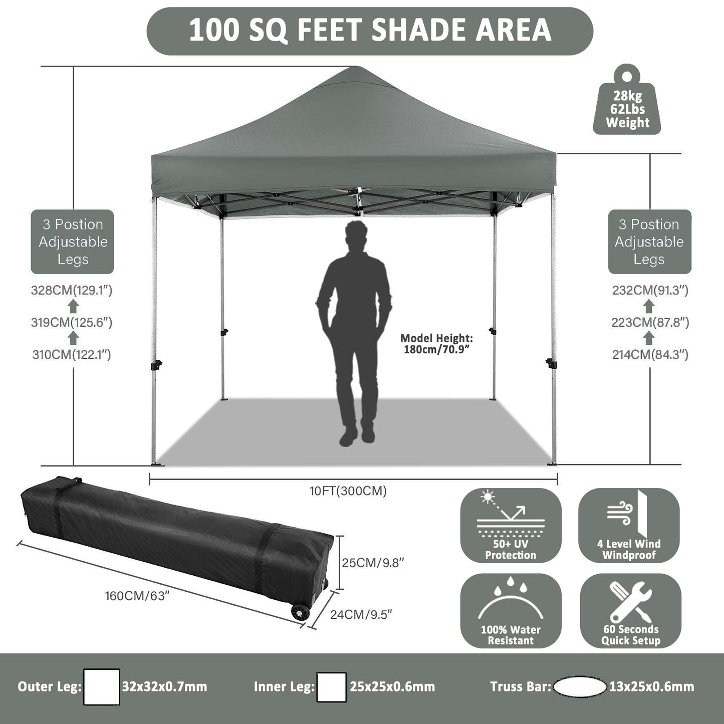COBIZI 10x10 Pop Up Canopy Tent 10x10 Canopy with 4 Sidewalls Waterproof Heavy Duty Commercial Canopy Tent for Parties Outdoor Garden Gazebo, Carry Bag with Wheel(10x10ft, Gray)
