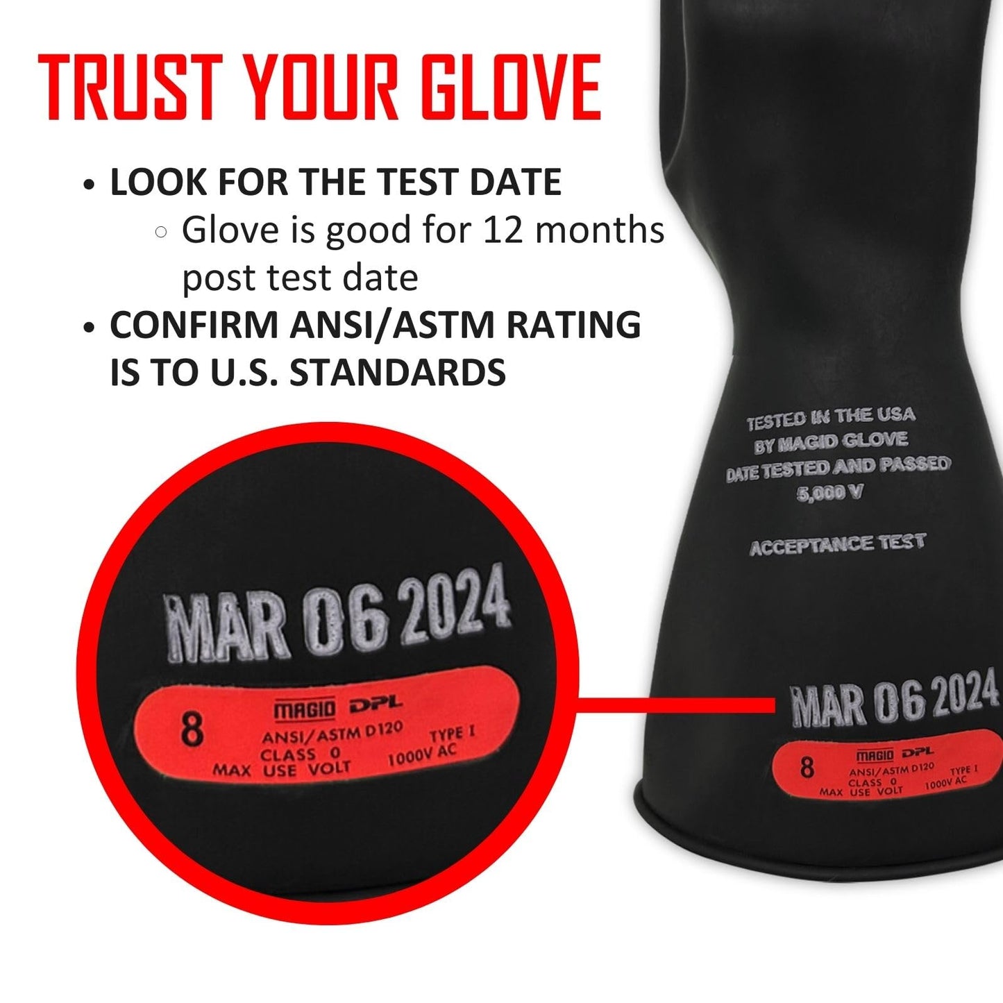 MAGID Rubber Insulating Electrical Safety Gloves, Class 0 ASTM Compliant, Size 8.5, 11" Cuff, Lineman Electrician Voltage Protection, M011B85