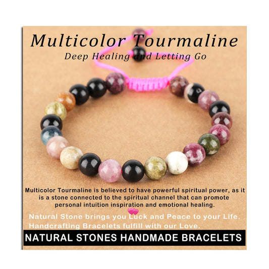AD Beads 8mm Multicolor Tourmaline Bracelet - Deep healing - Handmade Natural Stone Crystal Bracelet with Adjustable Macrame String - Yoga Healing Power Energy Gifts for Men and Women
