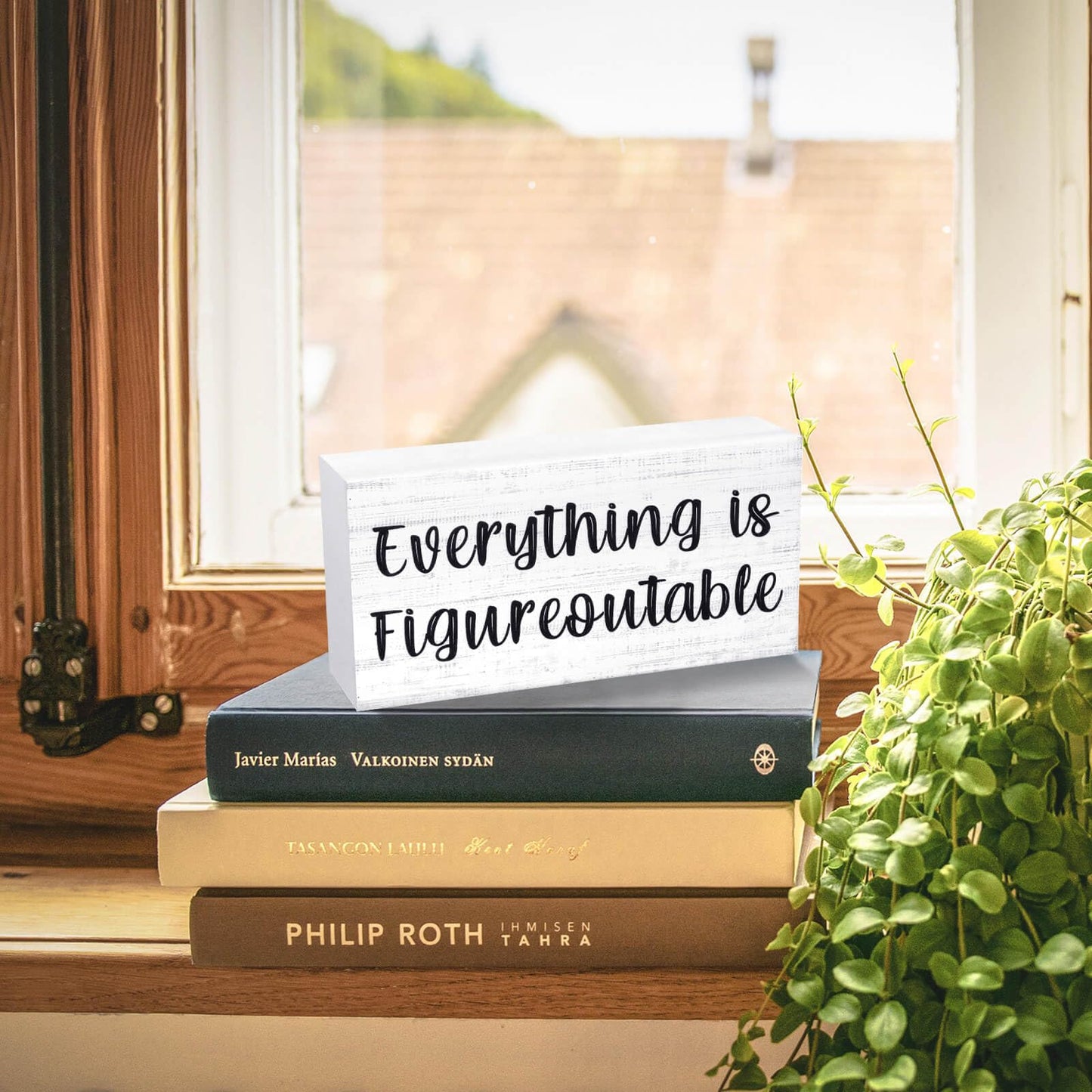 Esur Home Office Desk Decor - Inspirational Farmhouse Wooden Box Sign - Everything is Figureoutable(White)