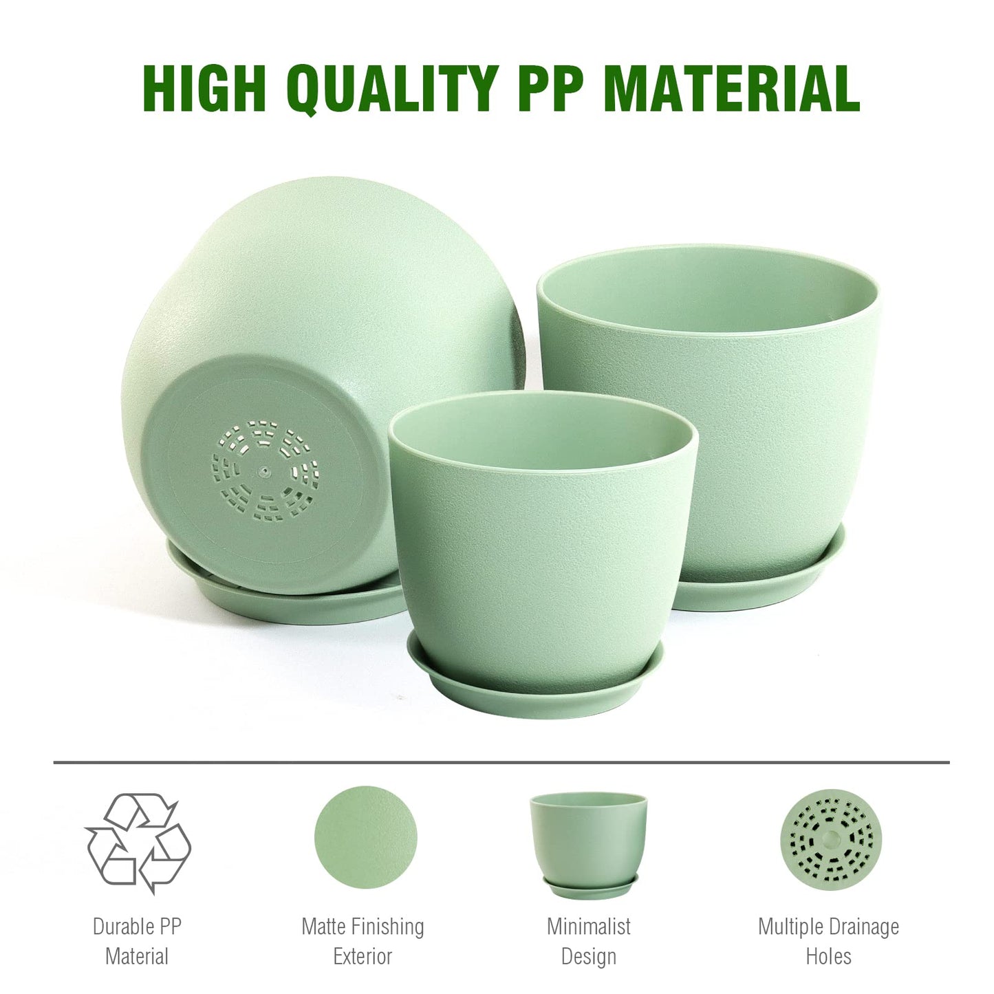 WSMKSZ Medium Plant Pots 10/9/8 inch, Flower Pots for Indoor Outdoor Plants, Set of 3 Modern Decorative Plastic Planters with Drainage Holes and Saucers for House Porch Garden Plants, Green