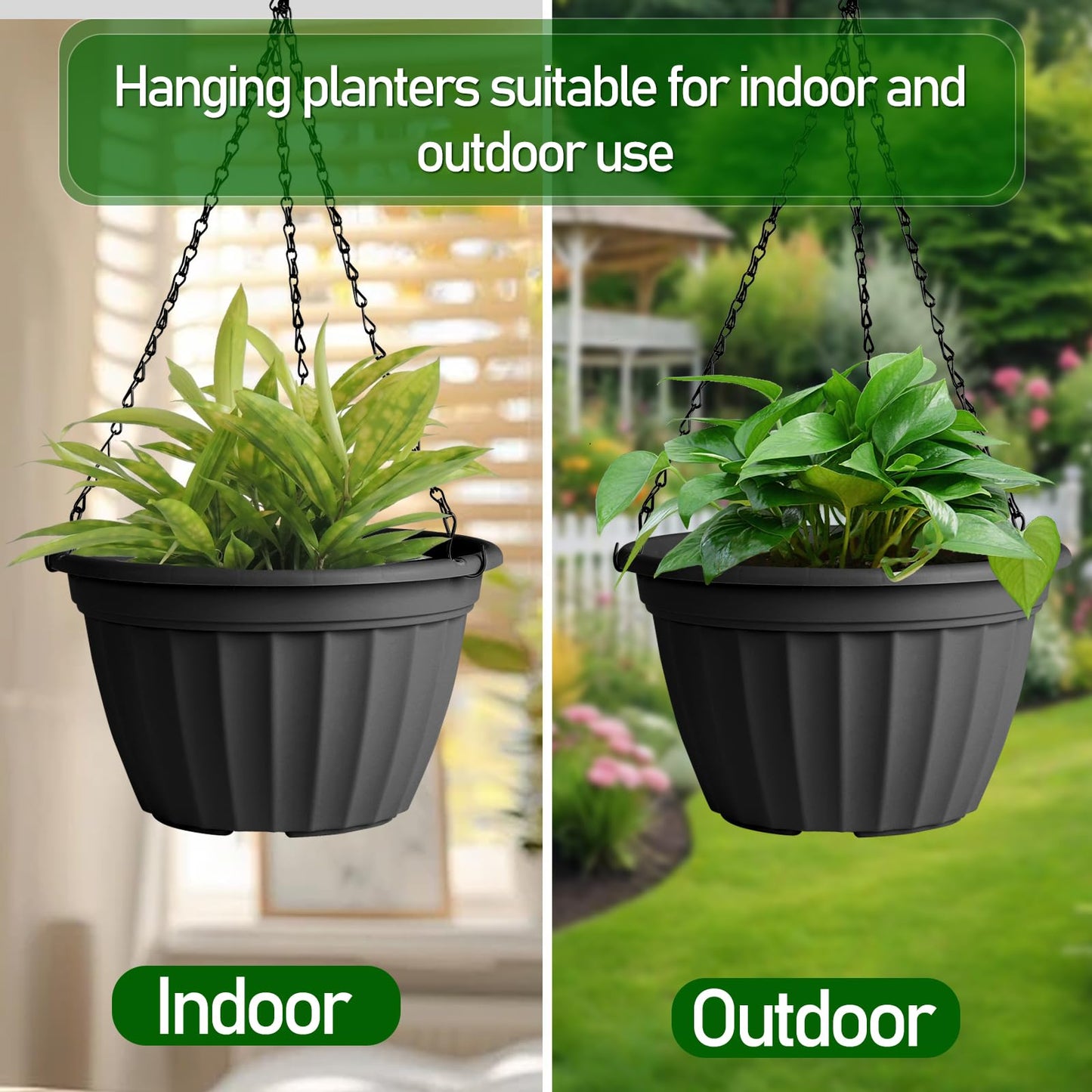 FGstyle 6 Pack Hanging Planters 8 Inch,Self Watering Pots for Indoor Plants,Plastic Hanging Basket with Soil Elevator and 20" Chain for Home Garden Porch Balcony Patio Decor(Black)