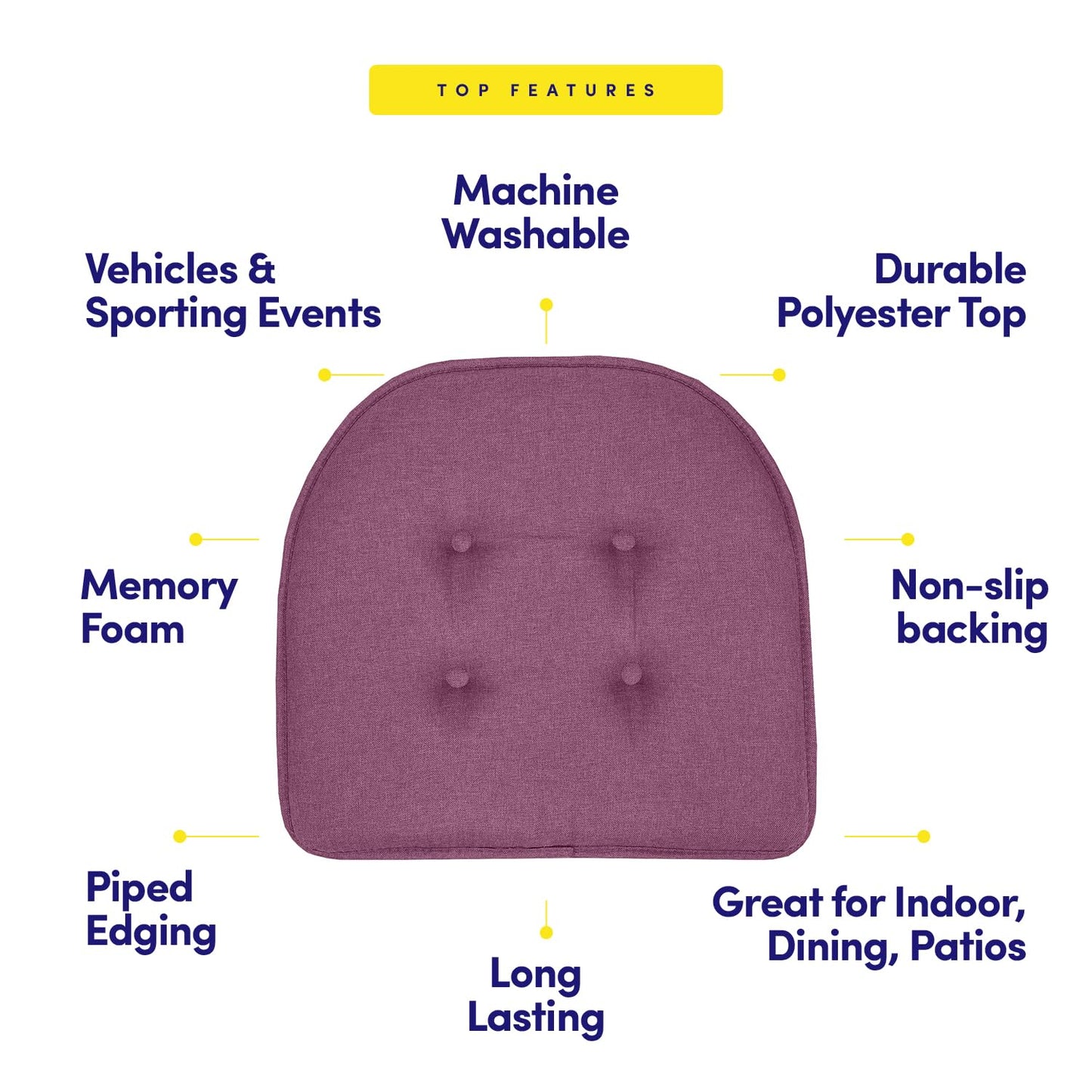 Sweet Home Collection Chair Cushion Memory Foam Pads Tufted Slip Non Skid Rubber Back U-Shaped 17" x 16" Seat Cover, 4 Count (Pack of 1), Purple