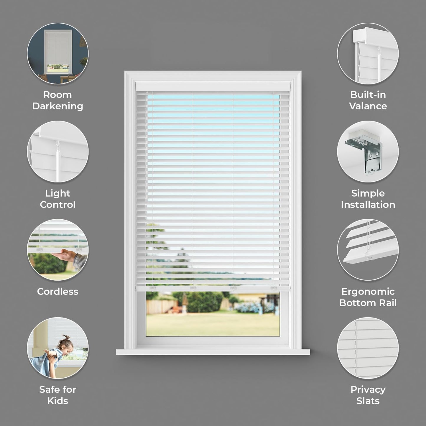 Lumino - 2" Cordless Flat Slat Faux Wood Window Blinds for Home - 22" W x 36" L - White, Faux Wood Blinds for Indoor Windows, Venetian Room Darkening Blinds