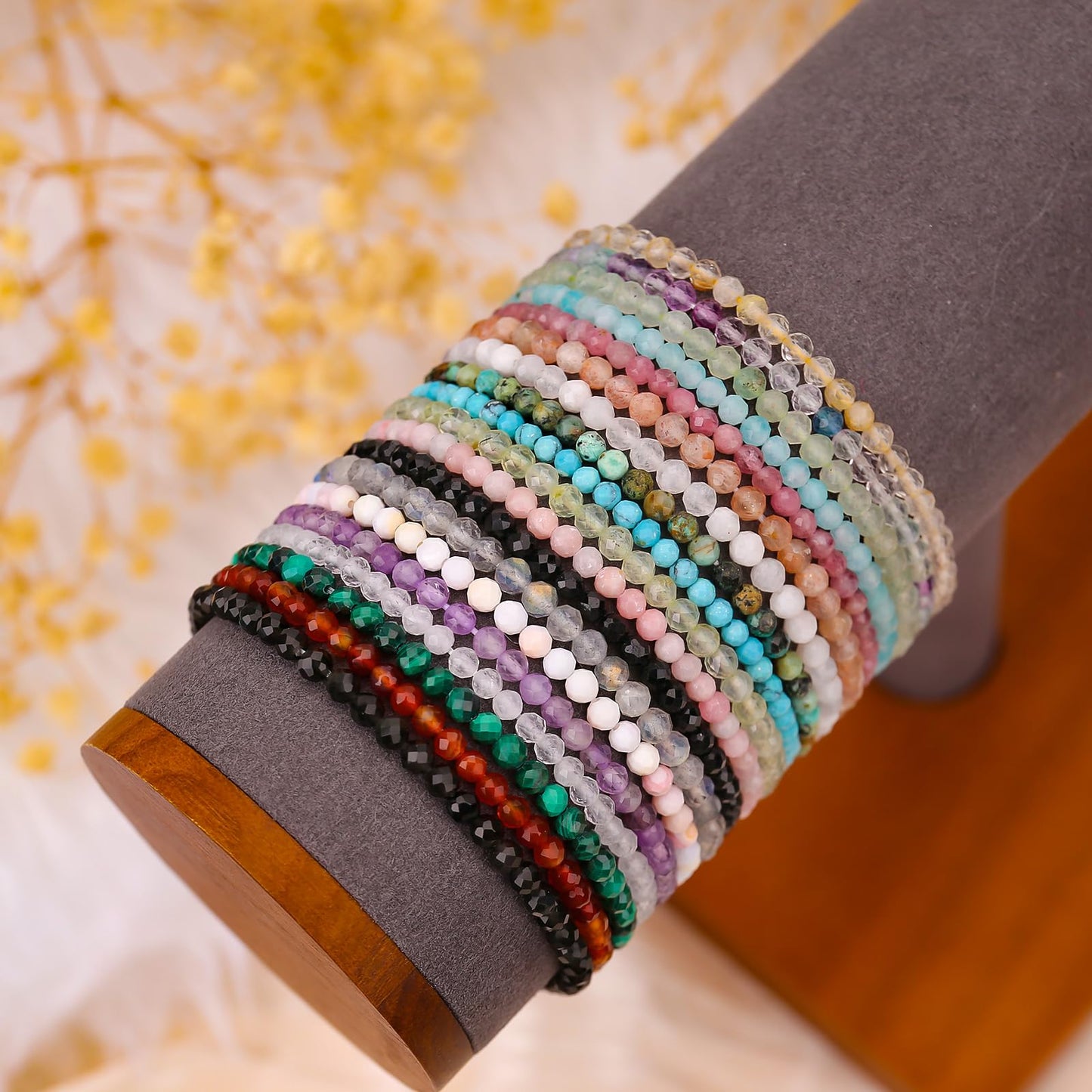 BONNY BOXX Natural Genuine Gemstone Faceted Round Beads Bracelets, 3mm Adjustable Stretchy Tiny Faceted White Moonstone Bracelet, Healing Crystal Reiki Chakra Dainty Jewelry Fashion Gifts