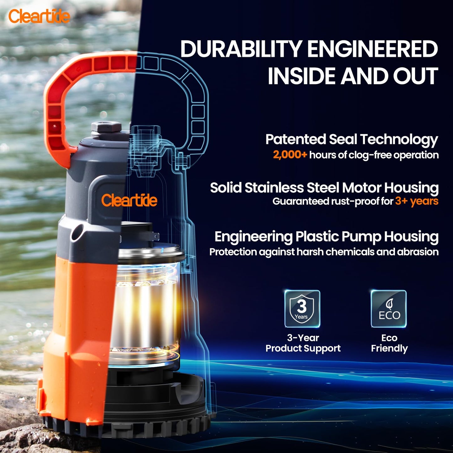 Cleartide Submersible Sump Pump, 1/2 HP Utility Water Pump for Pool Draining, Hot Tub, Basement, Electric Drain Pump Handles 3/8" Solids, 10 FT Cord