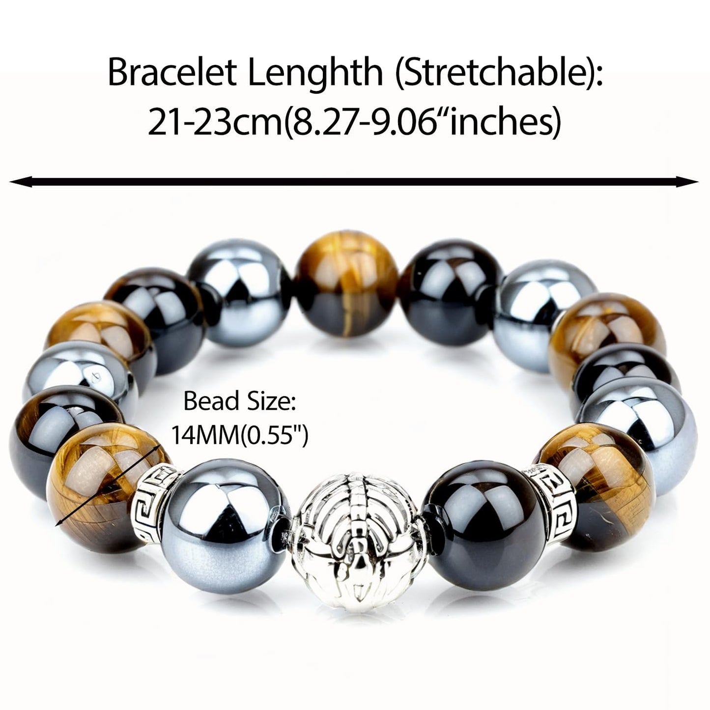 PZTIIY Large 14mm Tiger's Eye Obsidian Hematite Triple Protection Bracelet - Lucky Spacers Unisex Stretch Bracelet, Blessing Healing Jewelry, Great Gift Choice for Parents/Partners/Employees