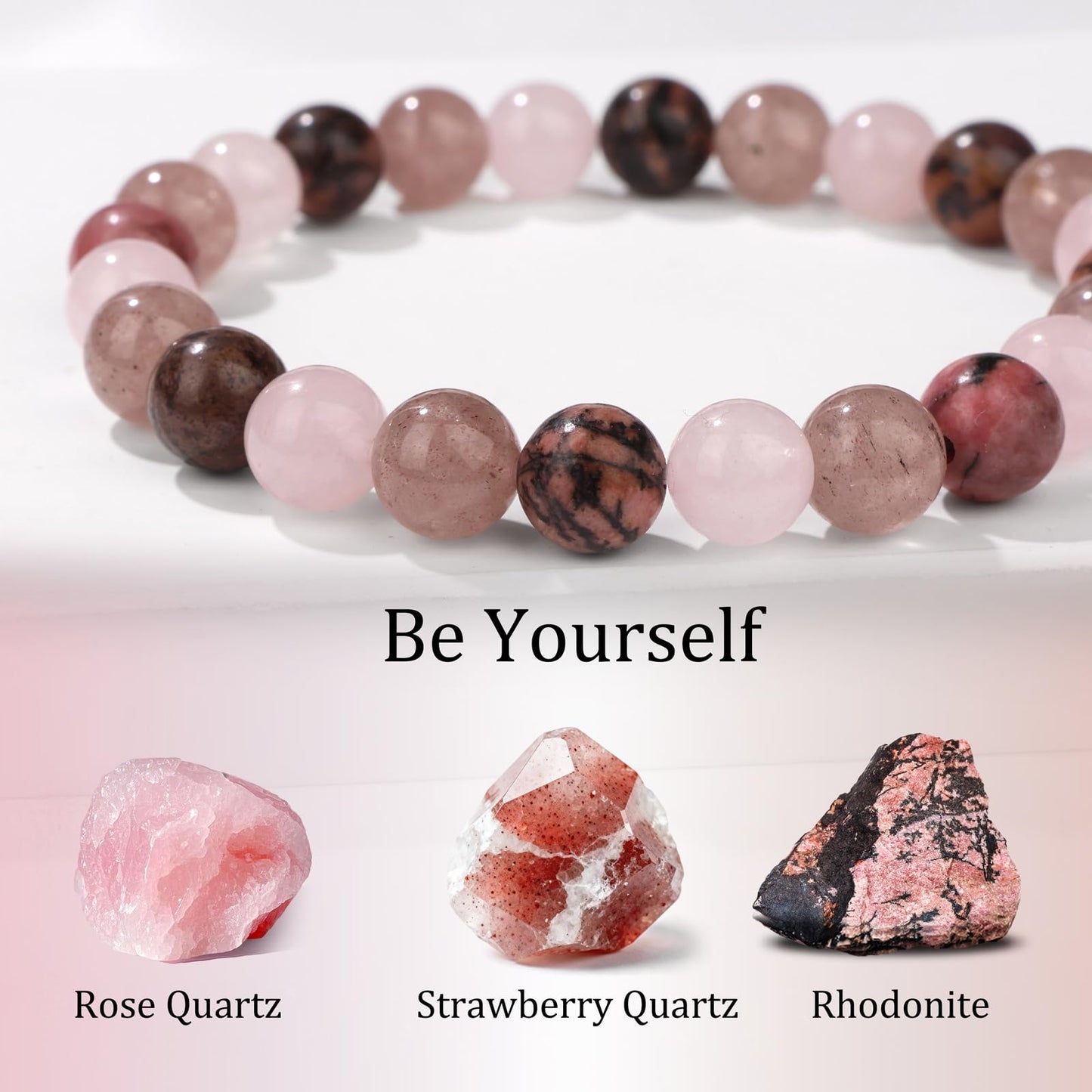 Bolinailo Healing Crystal Be-Yourself Bracelet 8mm Crystal Beaded Bracelet for Women Men Natural Stones of Rose Quartz, Strawberry Quartz and Rhodonite Handmade Gemstone Reiki Spiritual Jewelry Gifts