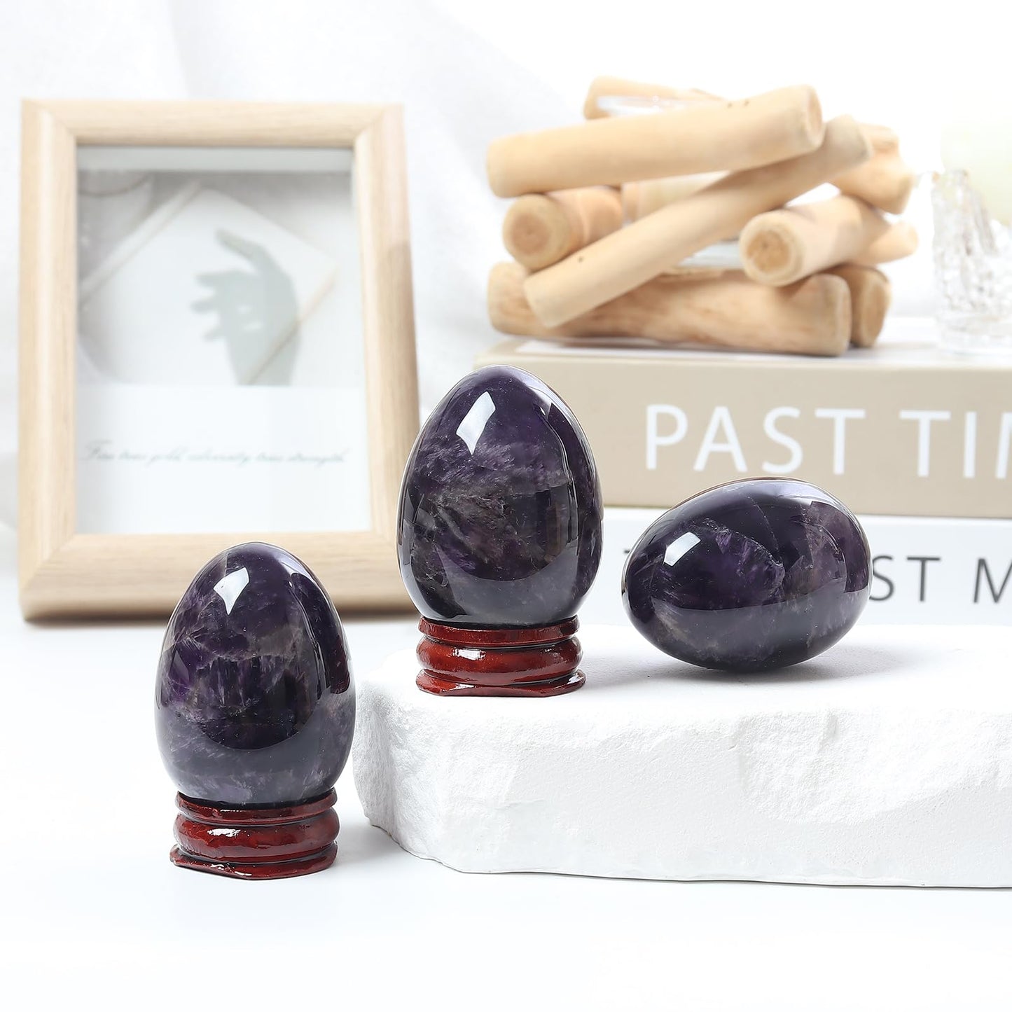 Fekuar Stone Egg Figurine, Polished Healing Crystal Easter Eggs Sphere Sculpture with Wood Stand, Natural Amethyst, 1.8"