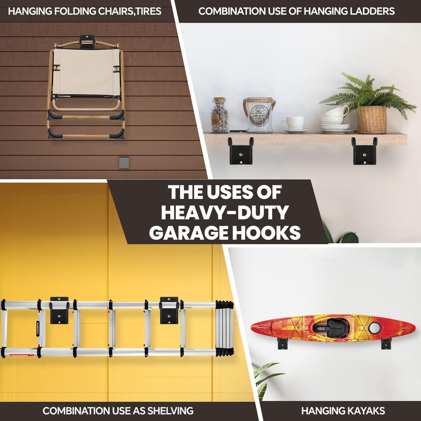 FancyEagle 14" Large Heavy Duty Garage Hooks, 2-Pack Steel Garage Storage Hooks with Support Rods, Utility Wall Mount Hangers for Power Tools, Car Tires, Ladders, Chairs, Garden Tools and More
