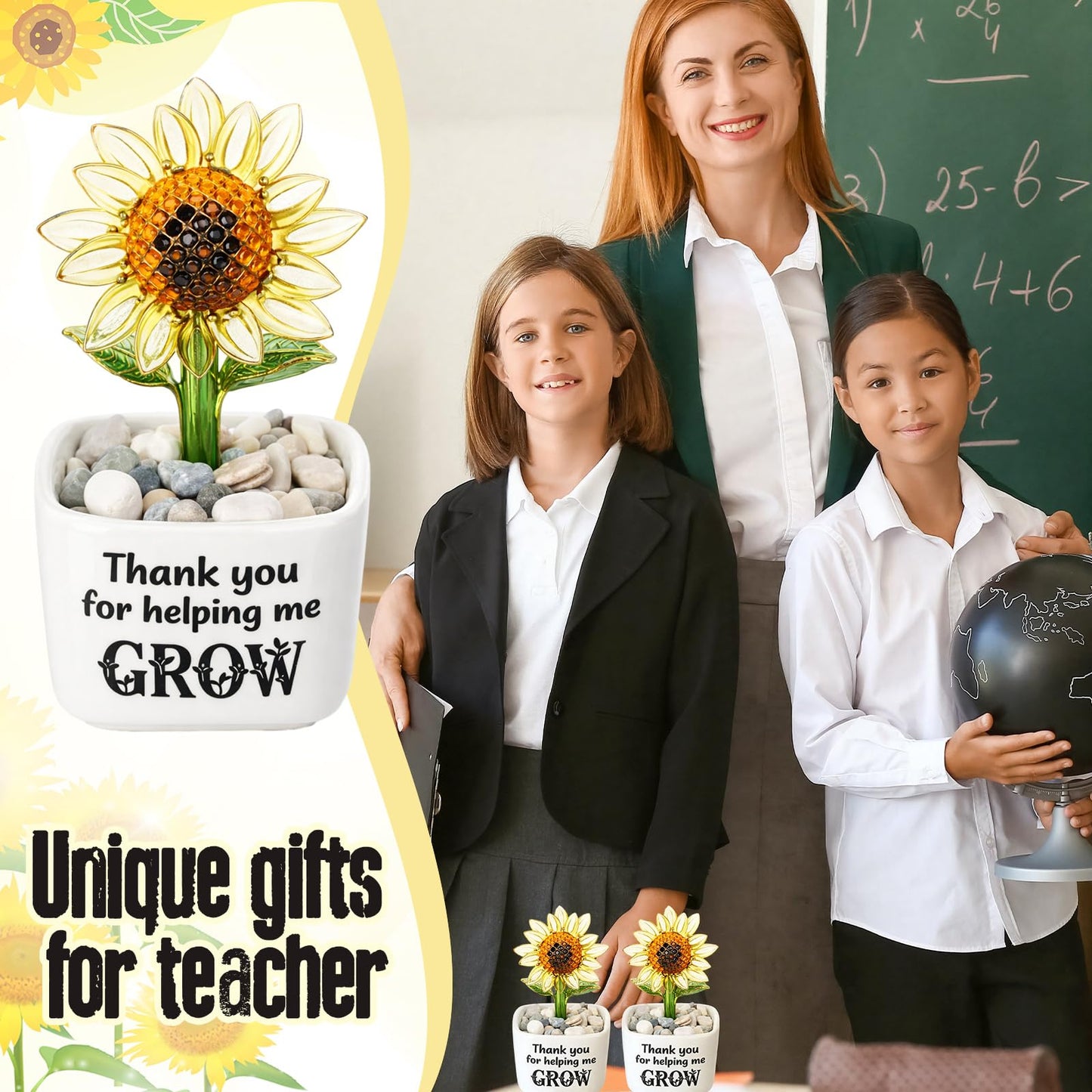 Remerry 3 Pcs Teacher Appreciation Week Gift End of Year Glass Pot Thank You for Helping Me Grow Figurine Glass Sunflower Figurine Bulk Inspirational Plant Pot for Teacher Table Decor