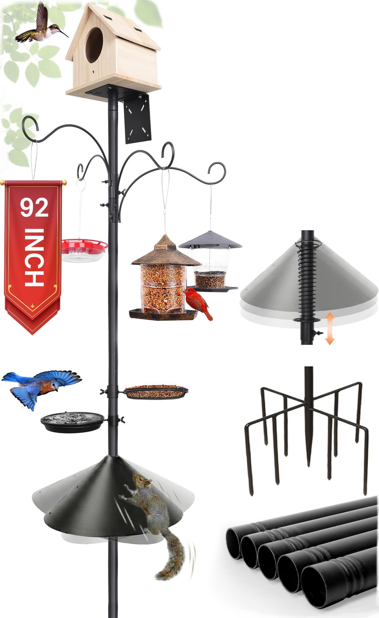 eWonLife 92 Inch Squirrel Proof Bird Feeder Pole with 9 Prongs Base, 1 Inch Dia Bird House Pole, Heavy Duty Bird Feeder Stand, Adjustable Shepherds Hooks for Outdoor with Squirrel Baffle Birdbath Tray