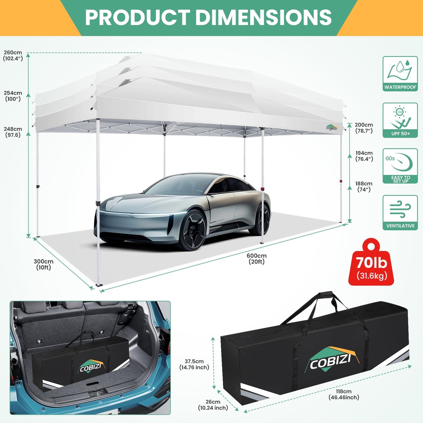 COBIZI 10x20 Pop Up Canopy Tent, One Push Easy Up Gazebo with 6 Removable Sidewalls & Air Vent, Waterproof UV50+ Commercial Canopy with 4 Sandbags, Stakes & Ropes for Parties/Camping/Backyard,White