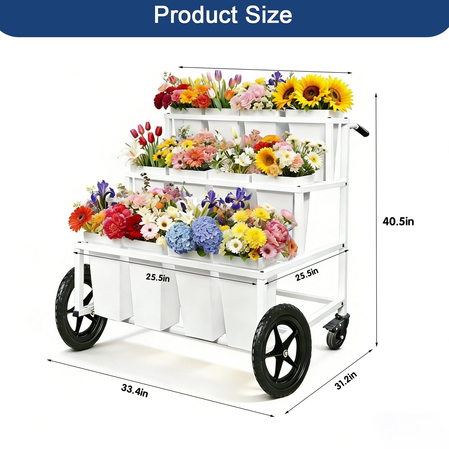 Heavy Duty Flower Cart Display Stand with Large Wheels and Handles, Metal Flower Plant Stand with 12 Buckets, Moving Flower Bouquet Holder for Farmers Market Stand, Flower Bar Supplies for Patio Garden Florist Wedding (White, L33.4*W31.4*H*40.5in)