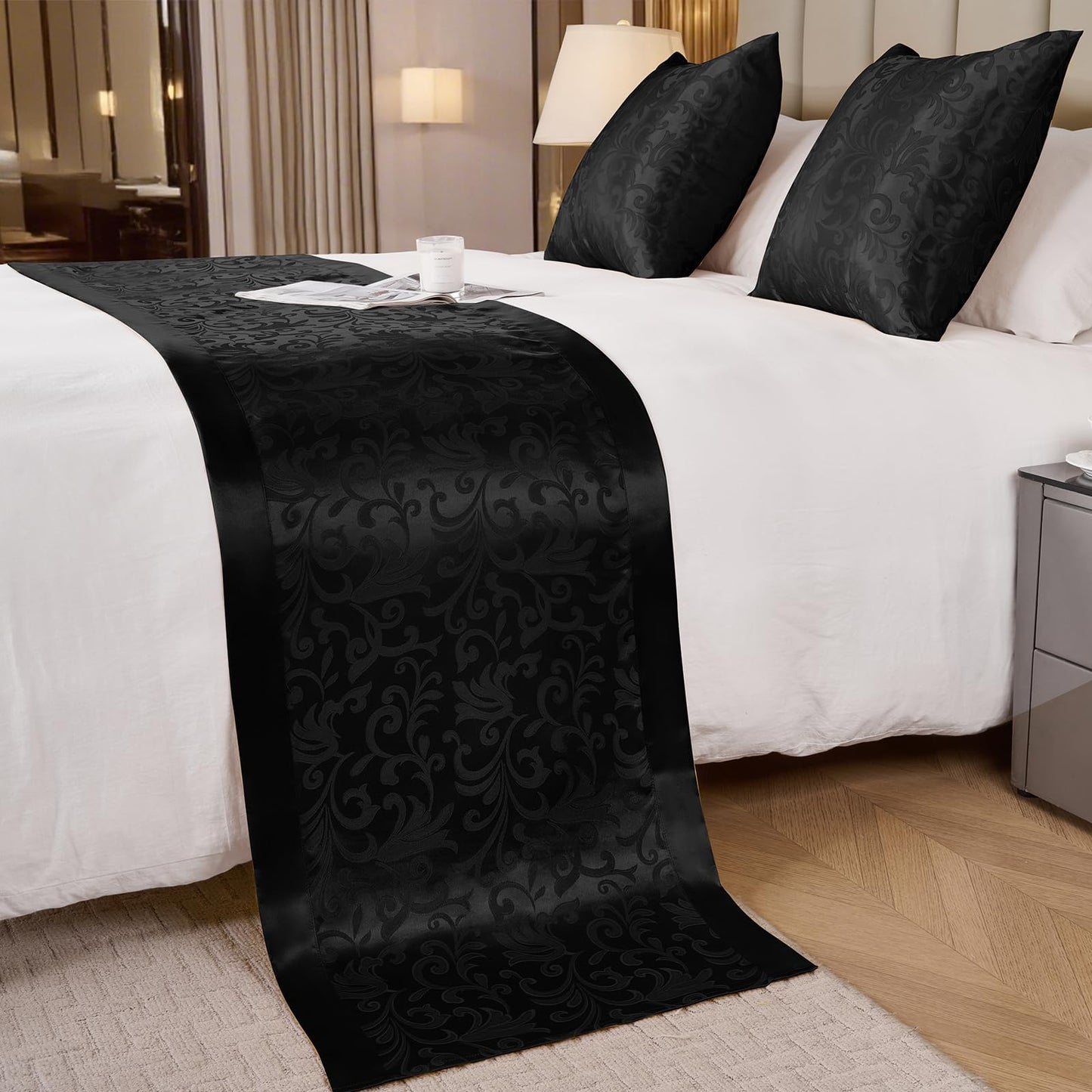 Cobedzy Black Satin Bed Runner for King Size Beds(1.8m), 50 x 240cm(20" x 94") Jacquard Bed Scarf Satin Bedding Scarves for Hotel, Home, Guesthouse