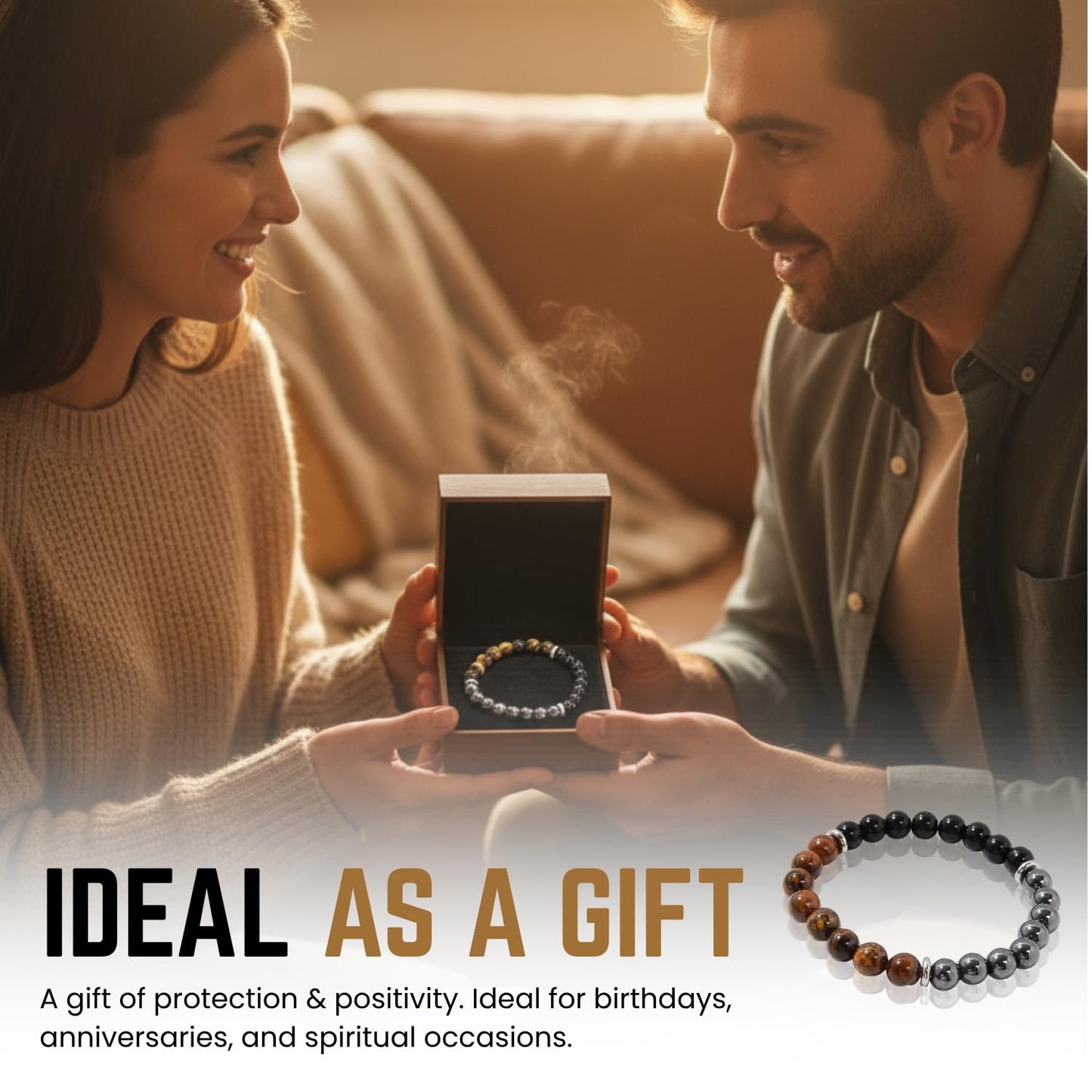 AKDNZ Triple Protection Bracelet for Women & Men - Black Tourmaline, Tiger Eye & Hematite Bracelets, Natural Healing Crystal Stone, Men's Beaded Bracelet for Father & Mother Day, Christmas & Birthday