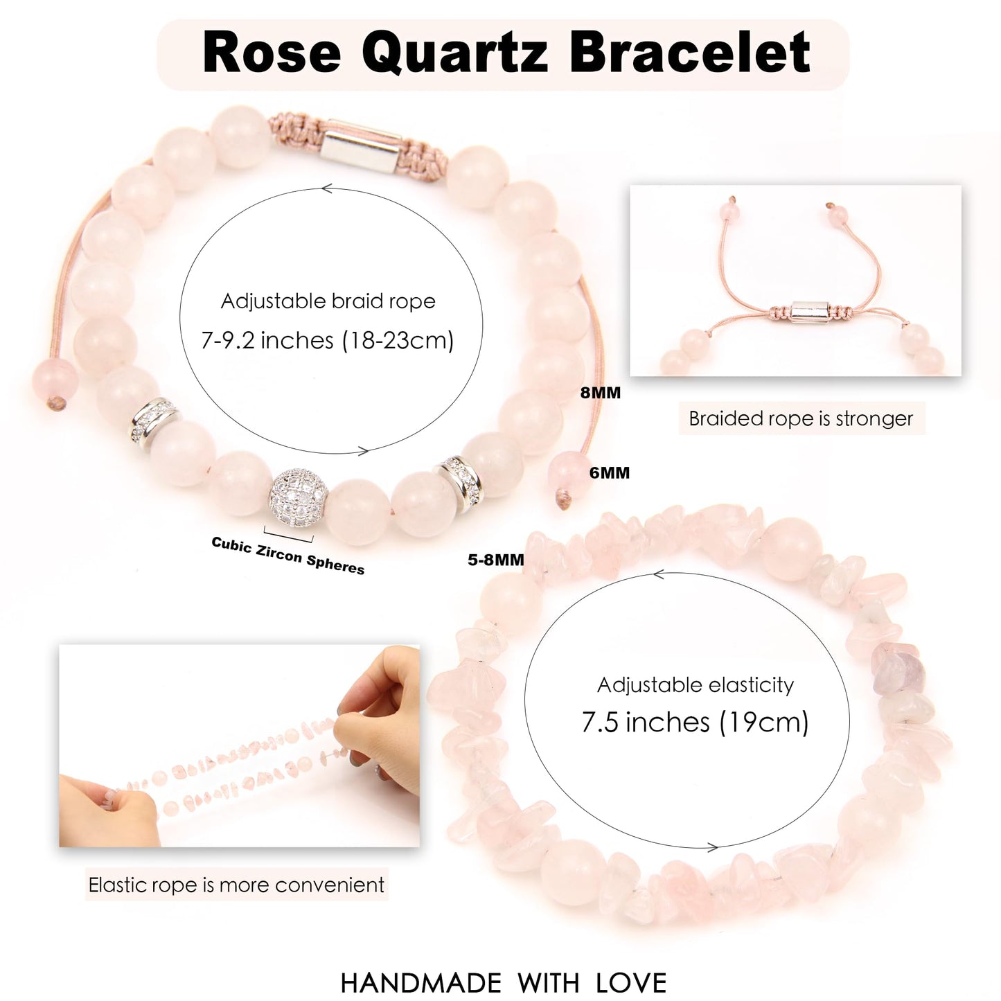 GDLKPYHS 2Pcs Rose Quartz Bracelet for Women - Crystals and Healing Stones Bead Bracelets Handmade Natural Gemstone Jewelry Unique Gifts for Women