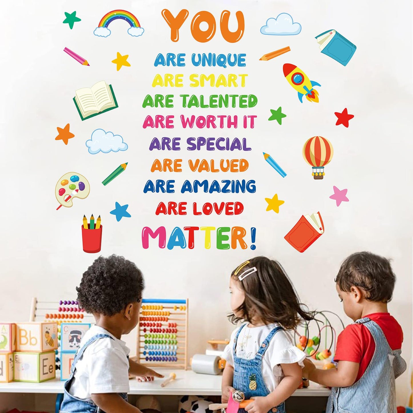 Kids Affirmation Wall Decals, Positive Motivational Wall Stickers “You are Unique Smart Talented Loved”, Peel and Stick Vinyl Decor for Kids Room, Classroom, Playroom, Nursery