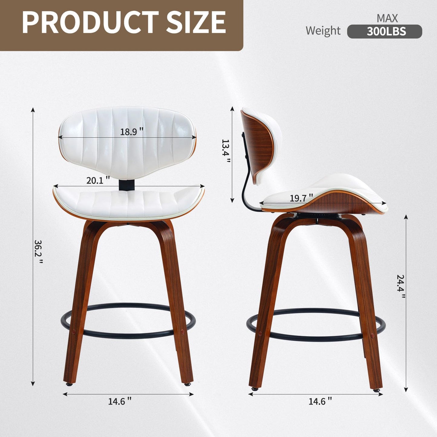 CHIDOCHILO Counter Height Bar Stools Set of 2, 24 inch PU Leather Wooden Bentwood Barstools Swivel Modern Breakfast Bar Chairs with Backrest and Footrest for Kitchen Island, Dining Room D035-White-2