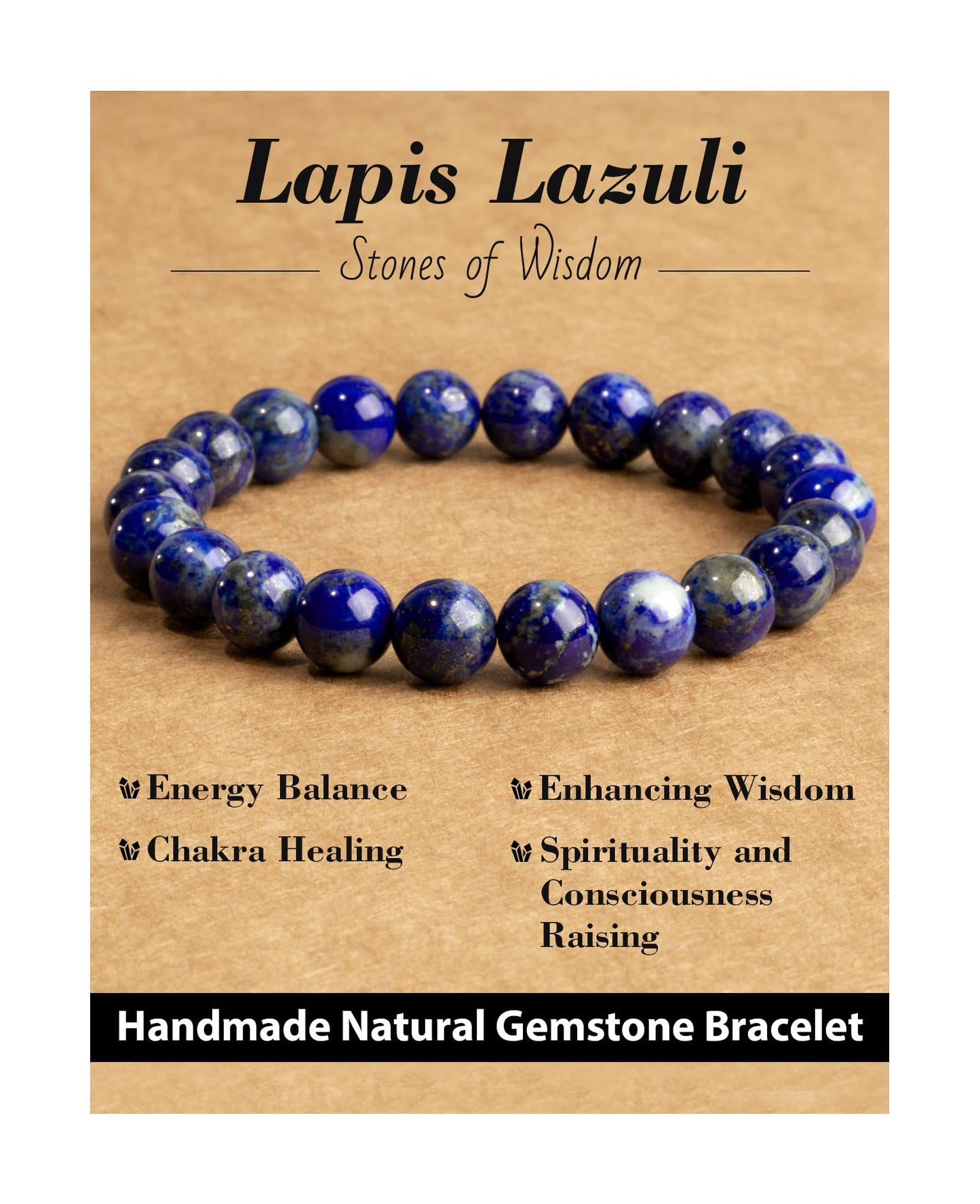 Landorilo Beaded Bracelet for Men Women, 8mm Natural Stone Lapis Lazuli Healing Crystal Stretch Bracelets, Ideal Christmas Birthday Jewelry Gifts with Energy Card，Replacement Beads Included