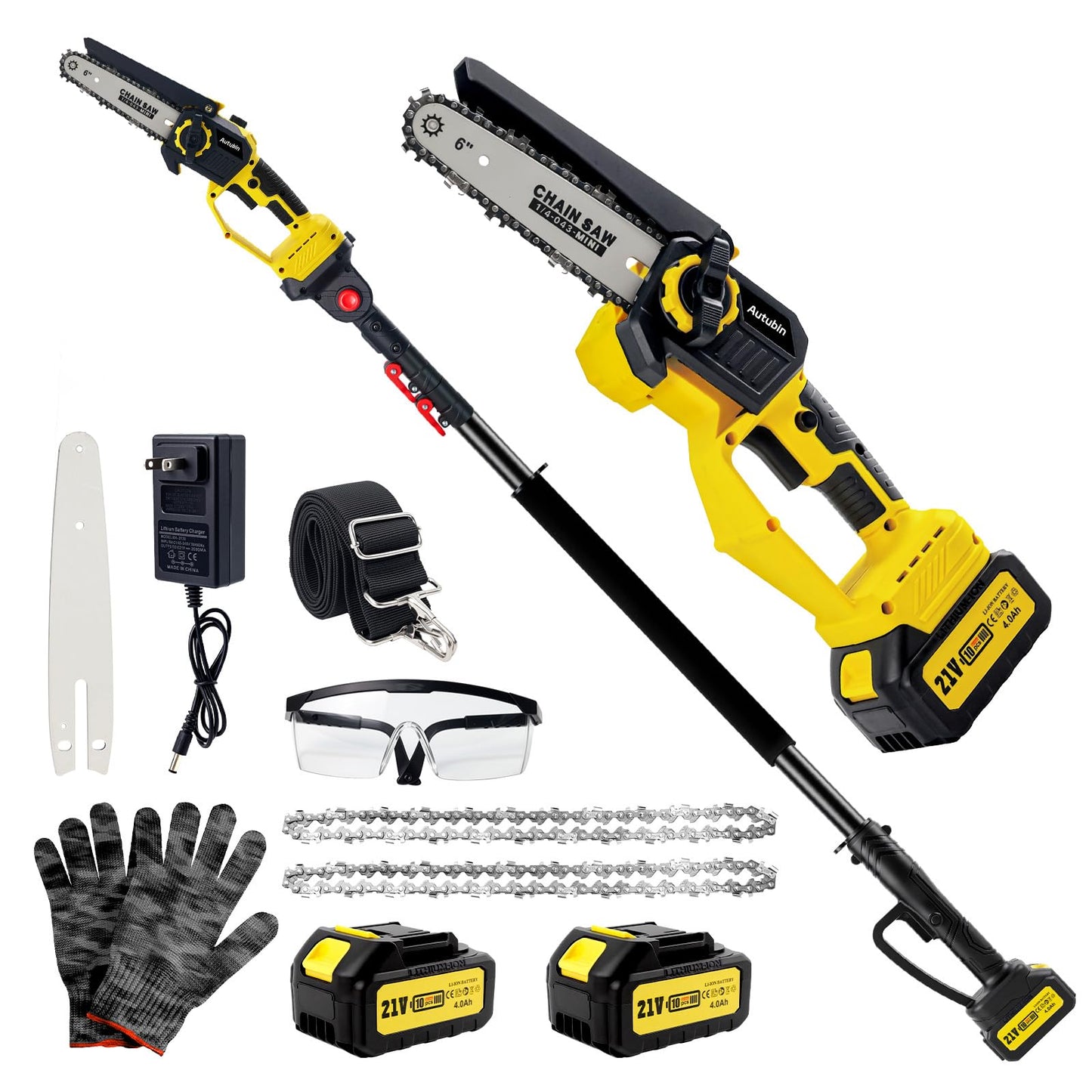 Autubin 2-in-1 Electric Pole Saw for Tree Trimming,1200W Brushless Cordless Pole Saw & 6 Inch Mini Chainsaw with 2 x 4.0Ah 21V Batteries,16 FT Max Reach & Multi-Angle, Tree Trimmer for Branch Cutting.