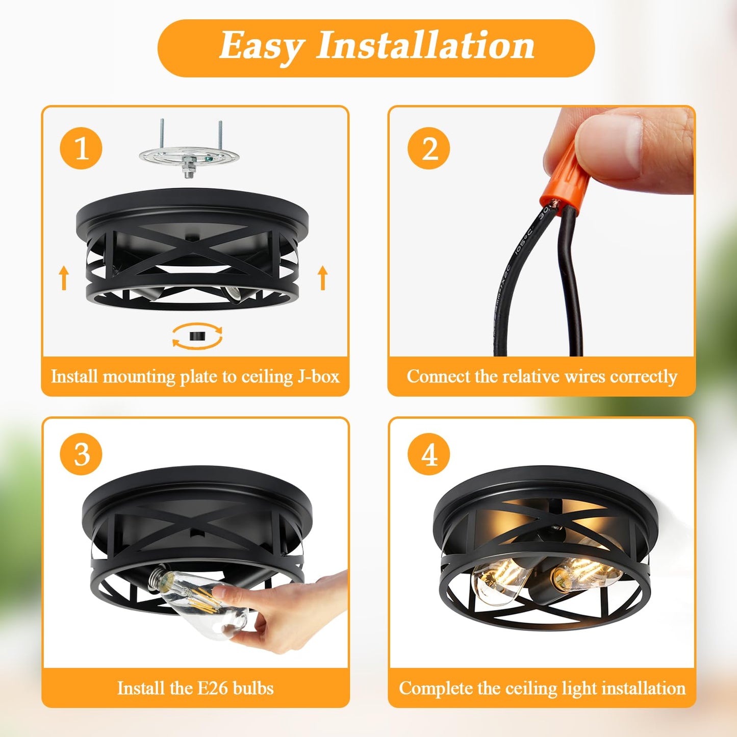 Elekeed 2-Light Flush Mount Ceiling Light Fixture, Farmhouse Ceiling Lights for Kitchen, Modern Black Close to Ceiling Light for Hallway Bedroom Balcony Porch Stairway, E26, (2 Pack)