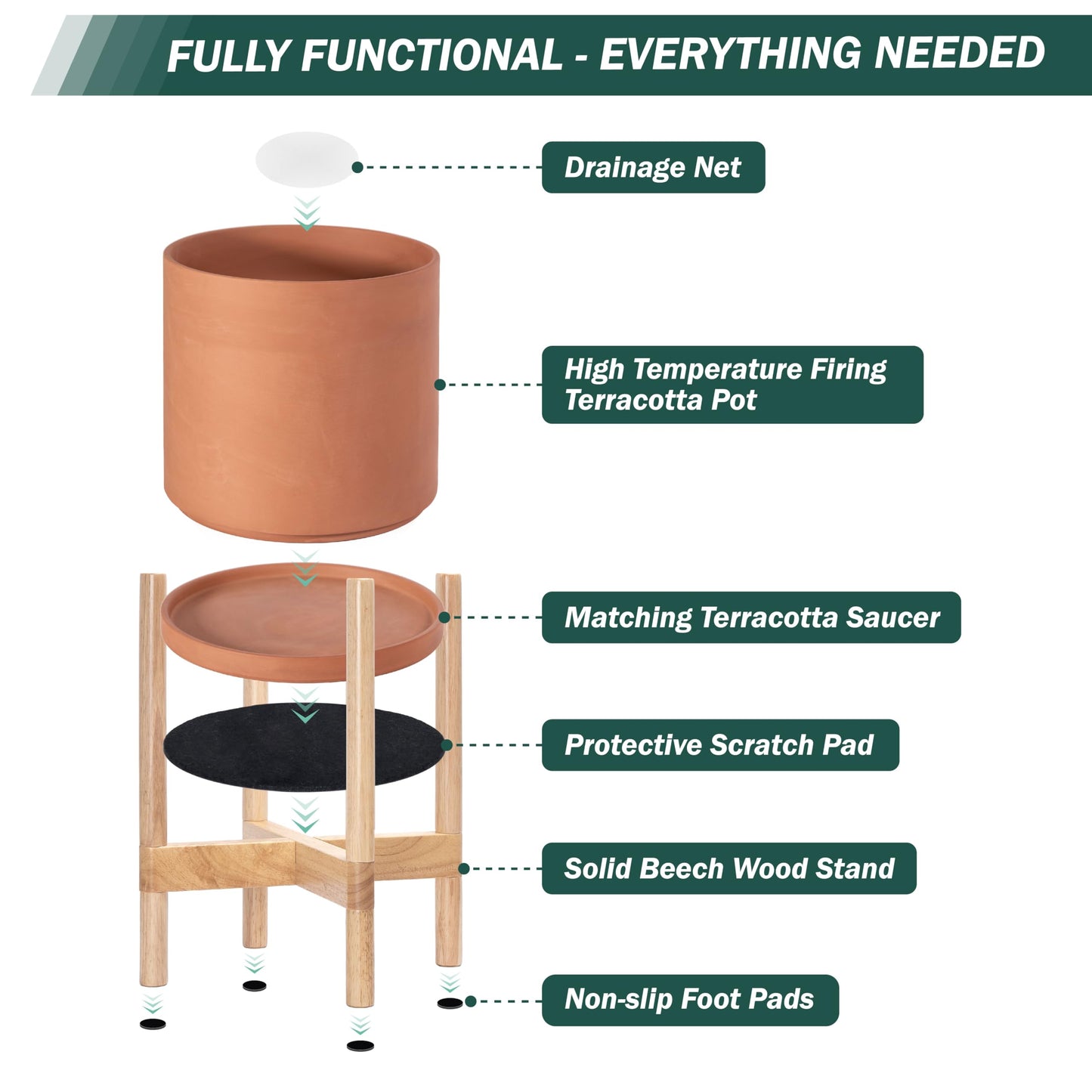 D'vine Dev Terracotta Planter with Natural Stand - 8 Inch Modern Round Flower Pot with Wood Planter Holder, Terracotta, 55-B-N-5