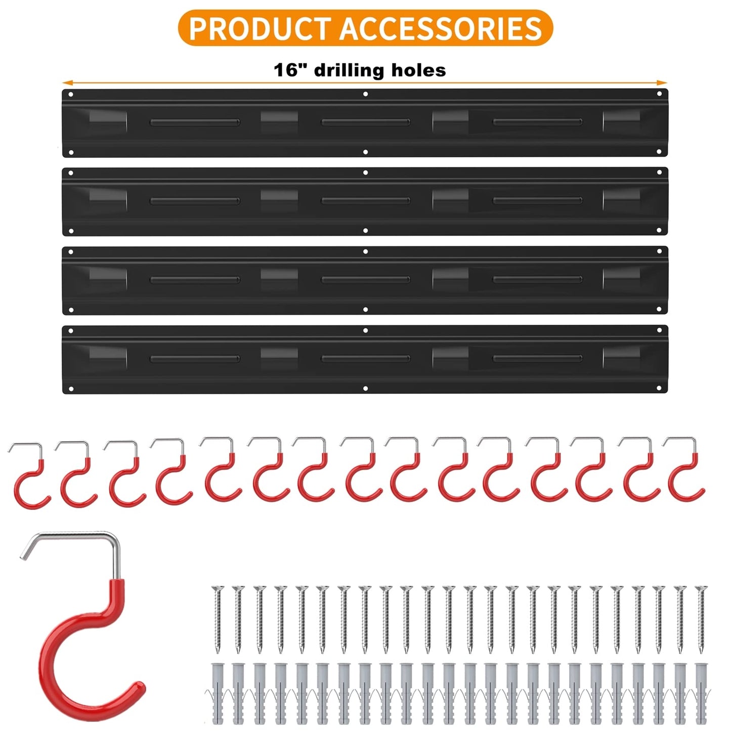 WALMANN All Metal 64 Inch Wall Mount Garden Tool Organizer for Garage, Mop and Broom Holder, Yard Tool Storage Rack for Rake, Shovel, Spade, Mop, Broom(4 Rails, 16 Hooks)