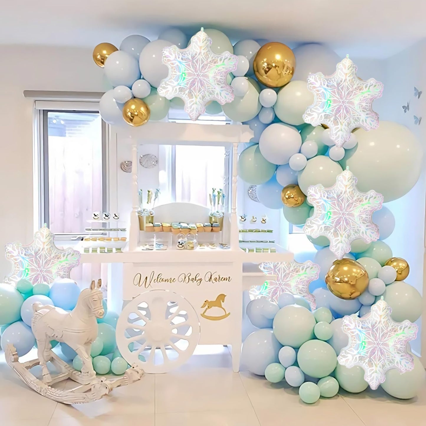 6pcs 24'' Clear Iridescent Snowflake Balloons, Winter Theme Snow Foil Mylar Balloons for Ice Snow Themed Birthday Party Decorations, Winter Wonderland New Year Decorations, Iridescent