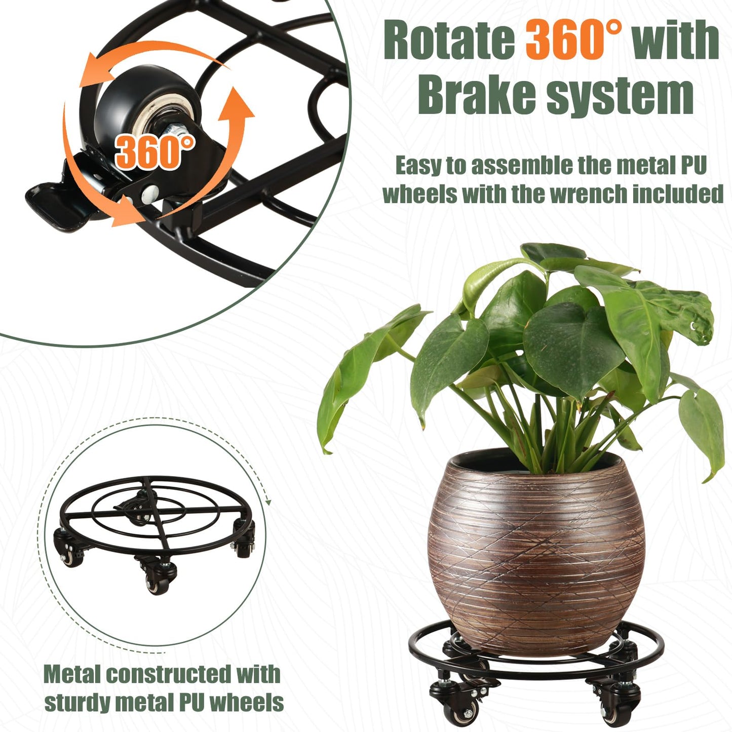 KvyusFlourish 3 Packs Large Metal Plant Caddy with Wheels 13.6" Rolling Plant Stands Heavy-Duty Wrought Iron Plant Dolly Plant Rollers Planter Mover with Casters
