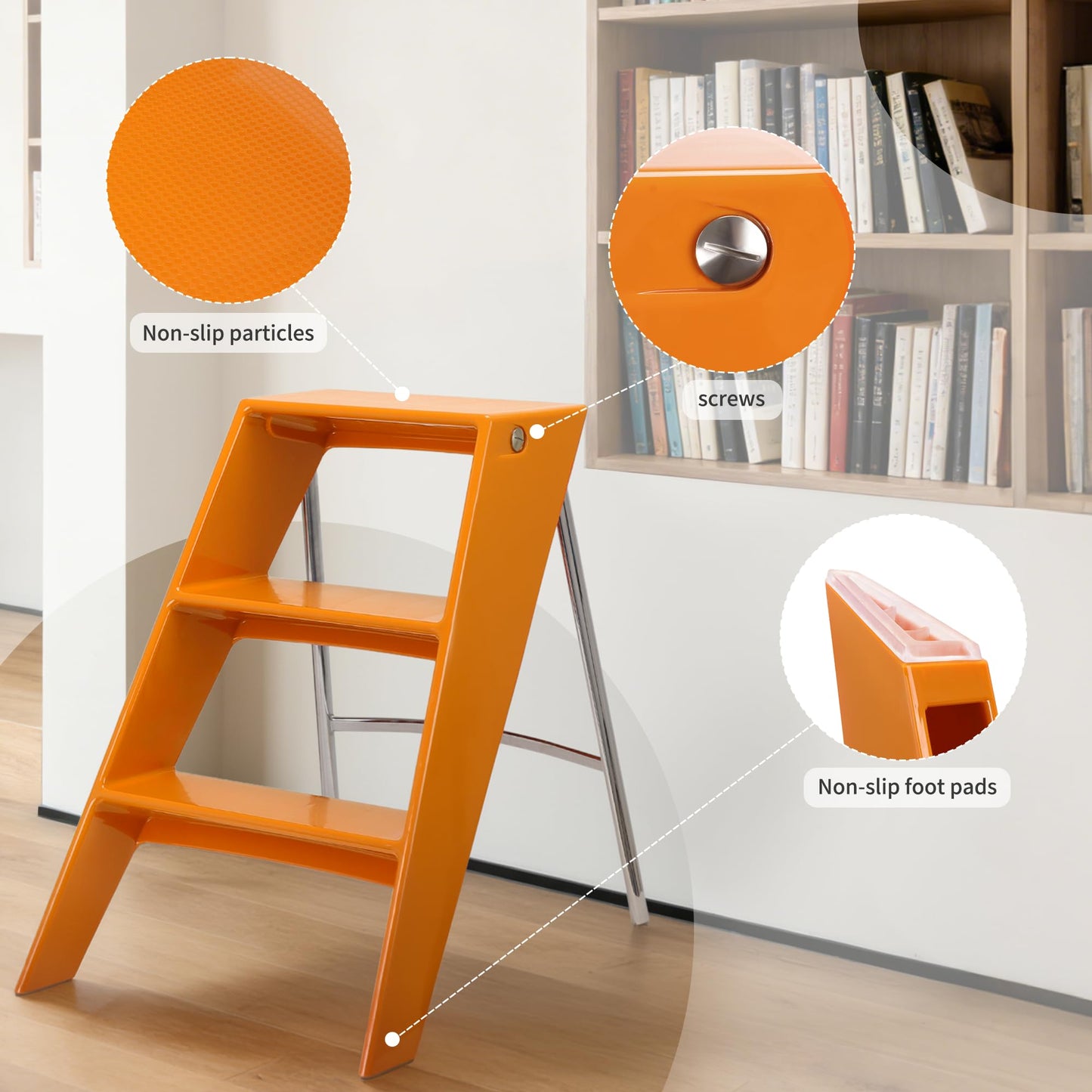 HOTEAGLE Ladder Shelf, Multifunctional 3-Tier Bookshelf, Stylish Bedroom Shelves Double as Bedside Table, Side Table for Home Living Room, Kitchen and Bedroom,Orange