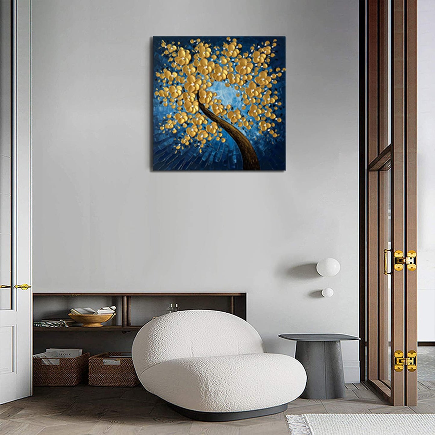 zoinart Hand Paintings 3D Flower Canvas Wall Art 24x24 Inches Abstract Gold Floral Paintings Modern Contemporary Texture Wall Art Tree Blue Artwork for Home Decorations