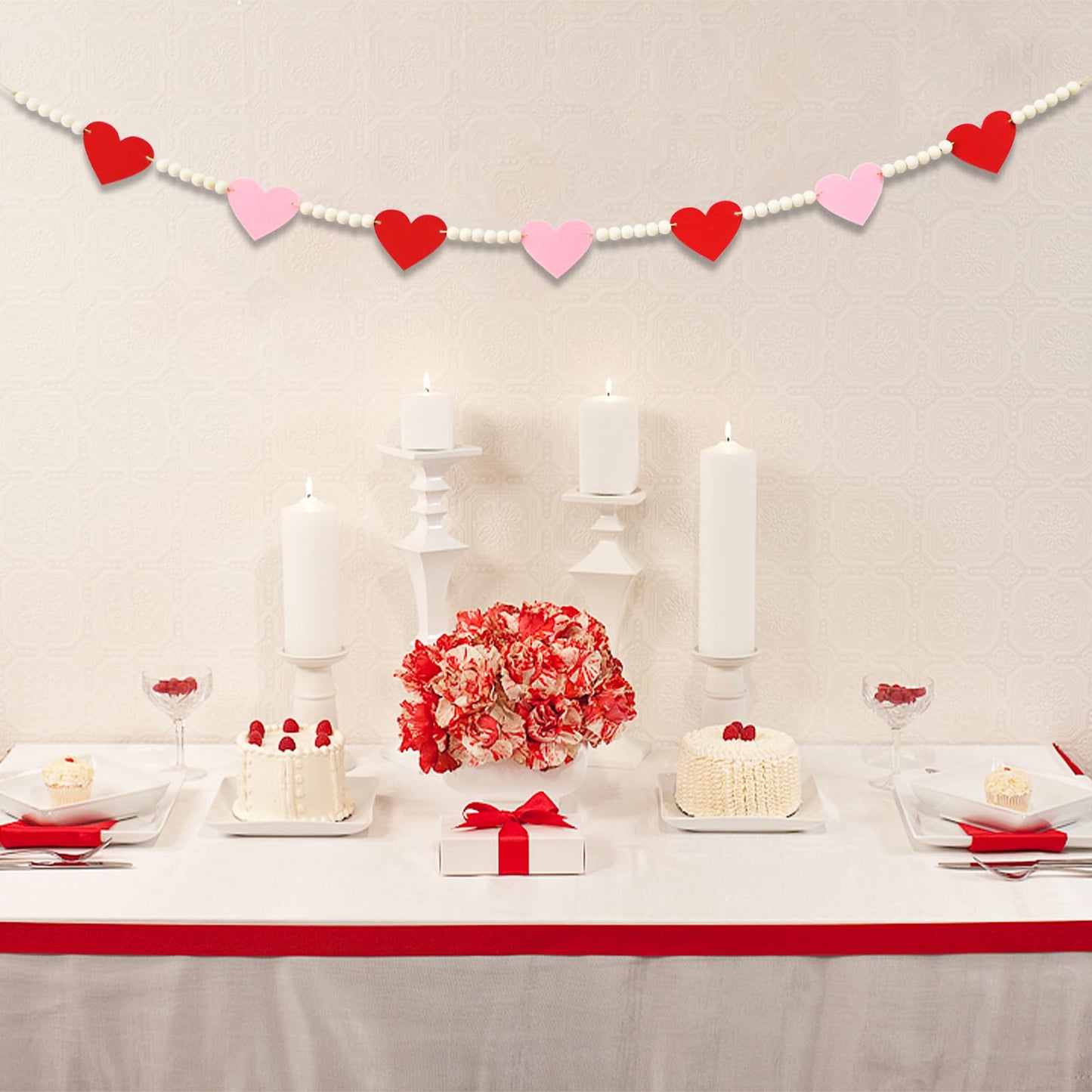 4.2 FT Felt Heart Wooden Beads Garland Valentine's Day Hanging Decorations, Romantic Beaded Tiered Tray Decor, Rustic Farmhouse Banner for Love Celebration, Shelf Display, Fireplace, Wall Decor