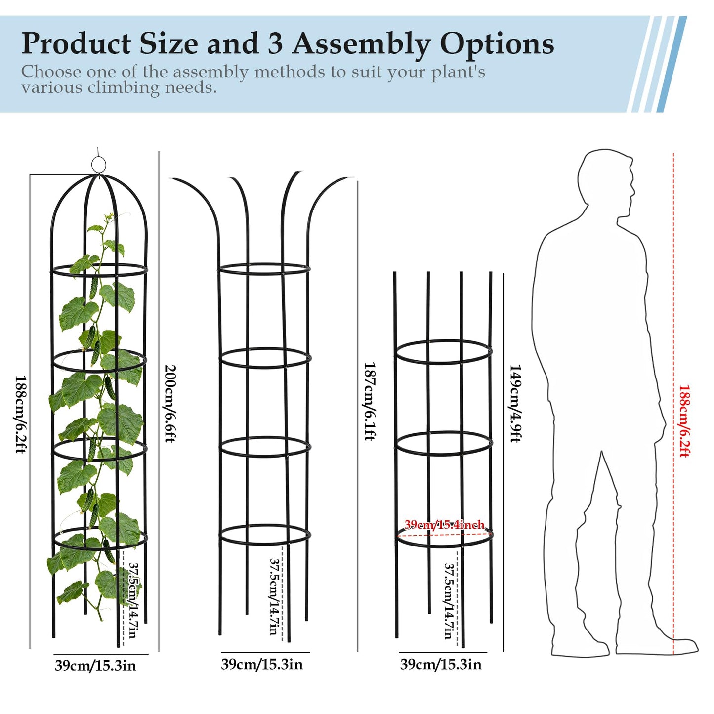 DEVISEFUN 100% Metal Trellis for Climbing Plants Outdoor 6.6ft 1PK,Garden Obelisk Trellis for Potted Plants Indoor with Ties and Butterflies,Plant Support for Clematis Tomato Cucumber Ivy Rose