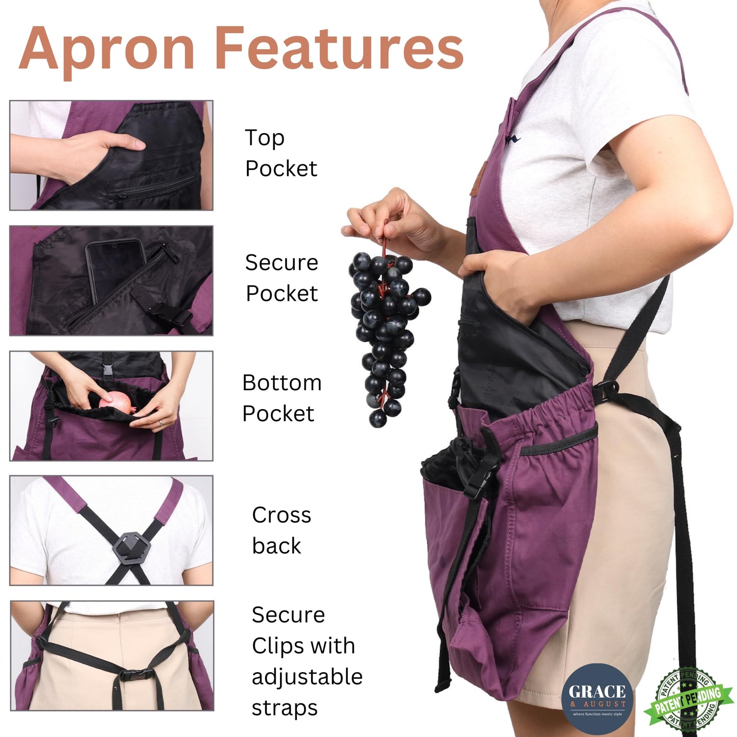 Grace and August Gardening Apron with Pockets for Women & Men - Unique Gardening Gift for Gardeners - Garden Apron 7 Pockets & Internal Drawstring Bag