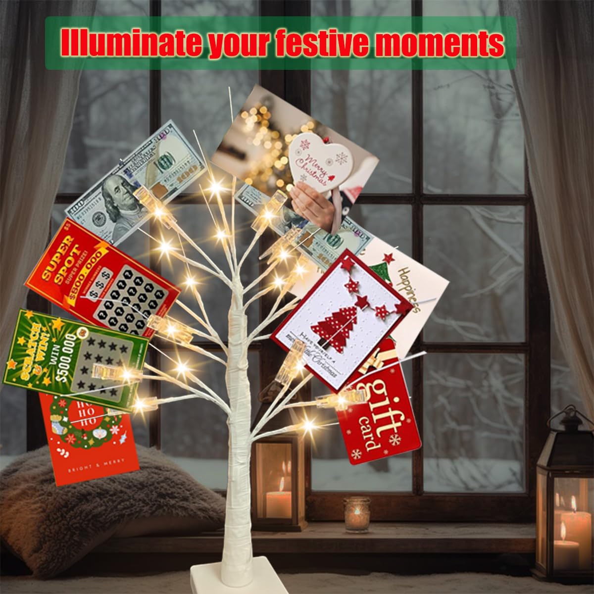 2Ft Money Tree Gift Holder with 24 LED Lights & 12 Clips, Battery/USB Powered Lighted Birch Tree for Displaying Cards, Photos - Ideal for Christmas, Wedding, Birthday, Graduation Decor