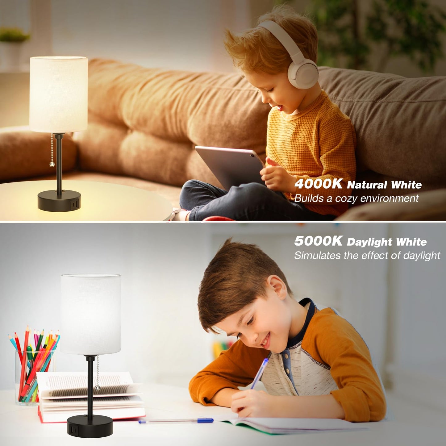 Small Bedside Table lamp for Bedroom - 3 Color Temperatures Bedside Lamps with USB C and A Ports, Pull Chain Table Lamps with AC Outlet, White Nightstand Lamps with Black Metal Base for Kids Reading