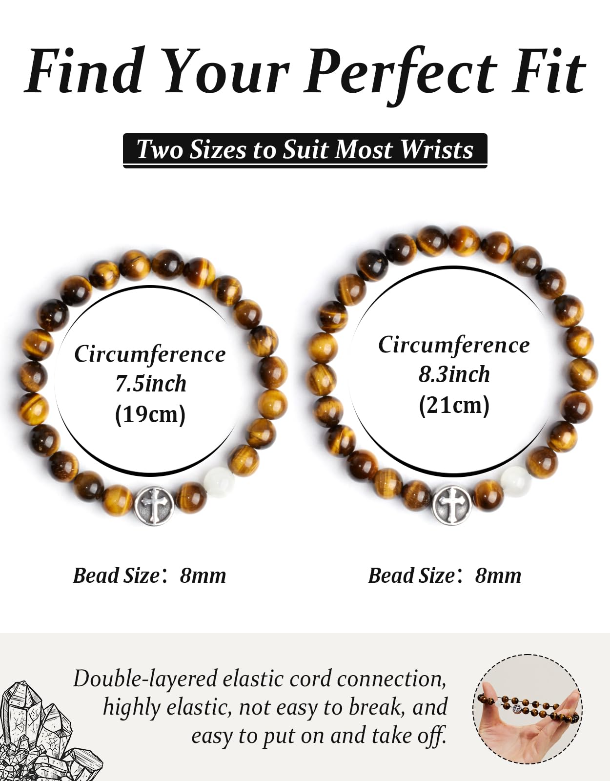 Landorilo Gifts for Men, 8mm Cross Natural Stone Beaded Bracelets, Yellow Tiger Eye Healing Bracelet, Handmade Mens Jewelry Gift for Him, Husband, Son, Father, Friend(Happy Birthday-7.5in)