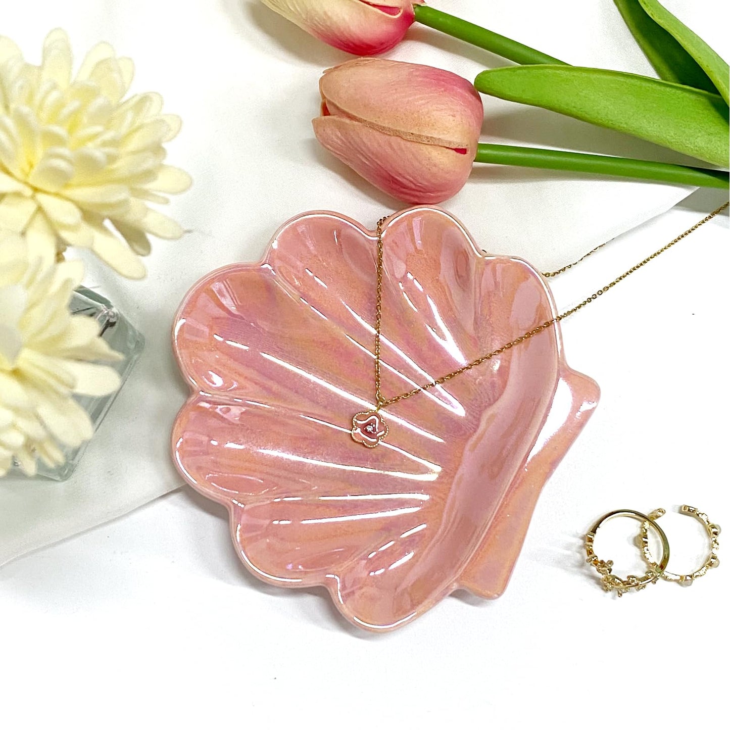 TIGERMILLION Sea Shell Jewelry Dish, Ceramic Seashell Jewelry Holder, Cute Organizer Plate Vanity Decorations Accessories for Home Bathroom Decor Birthday Mother's Day Christmas Gift for Women