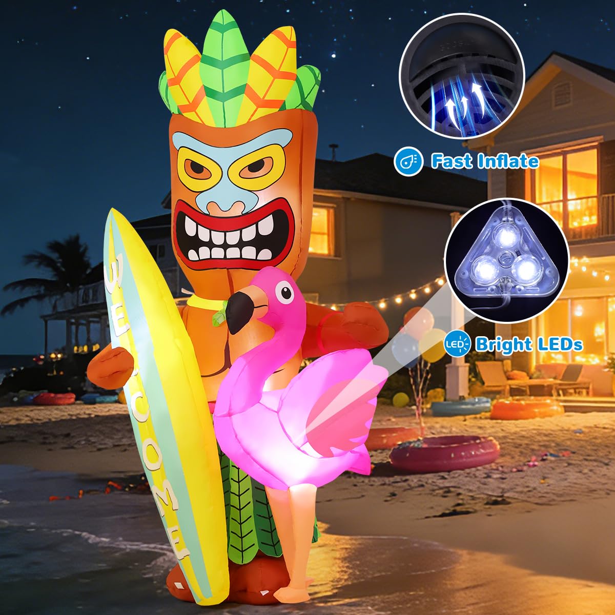 GOOSH 6 FT Summer Inflatables Tiki Luau Decorations Blow Up Yard with Flamingo and Surfboard Built-in LEDs for Hawaiian Party Beach Surfing Yard