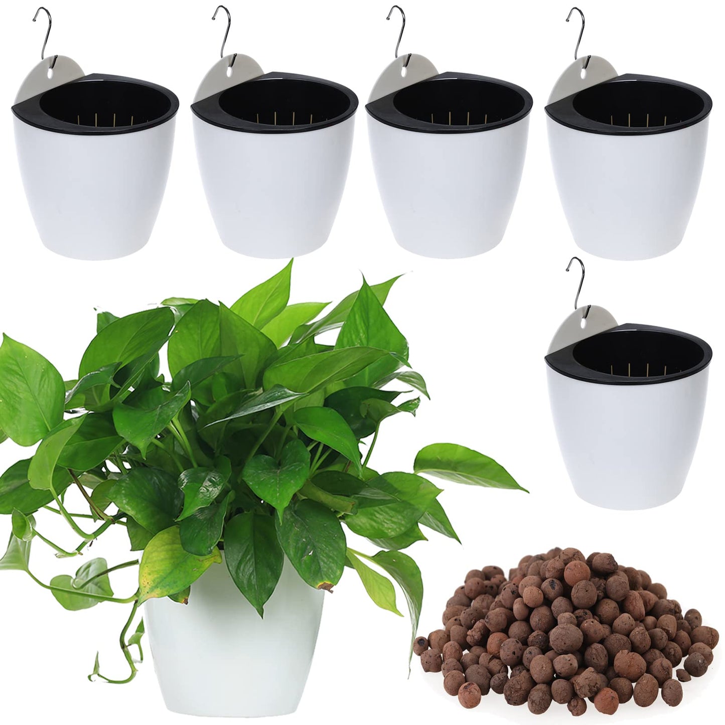 DEELF OUTLET 5 Packs 7.3”Wall Hanging Self Watering Planters Large Wall Mounted Plastic Plant Pots Wick Flower Pots for Indoor and Outdoor Wall Mounted Planters African Violet Pot Orchid Pots