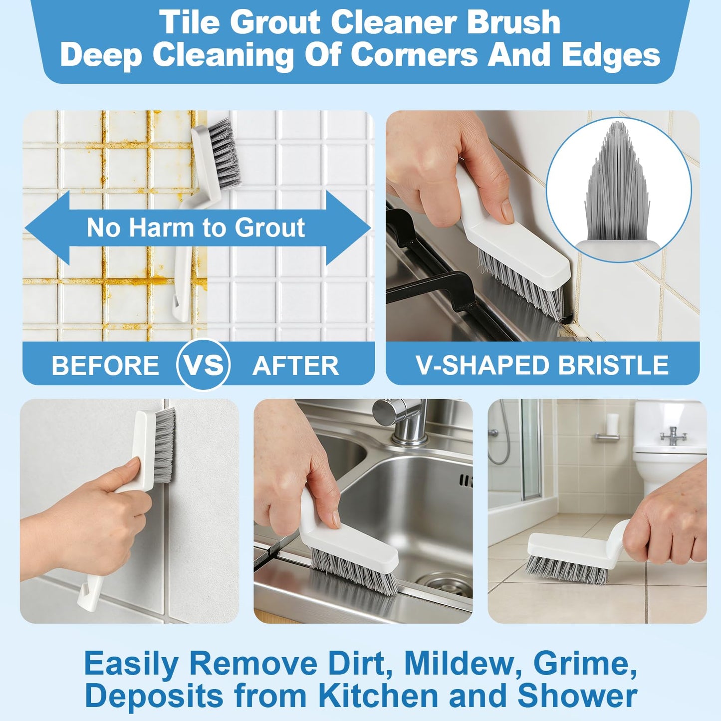 JiedHiur 11Pcs V-Shaped Grout Cleaning Brush Set, with Stiff Bristles Crevice Cleaning Brush and Steel Scraper, Cleaning Supplies for Cleaning Bathrooms, Kitchens, Tiles and Windows