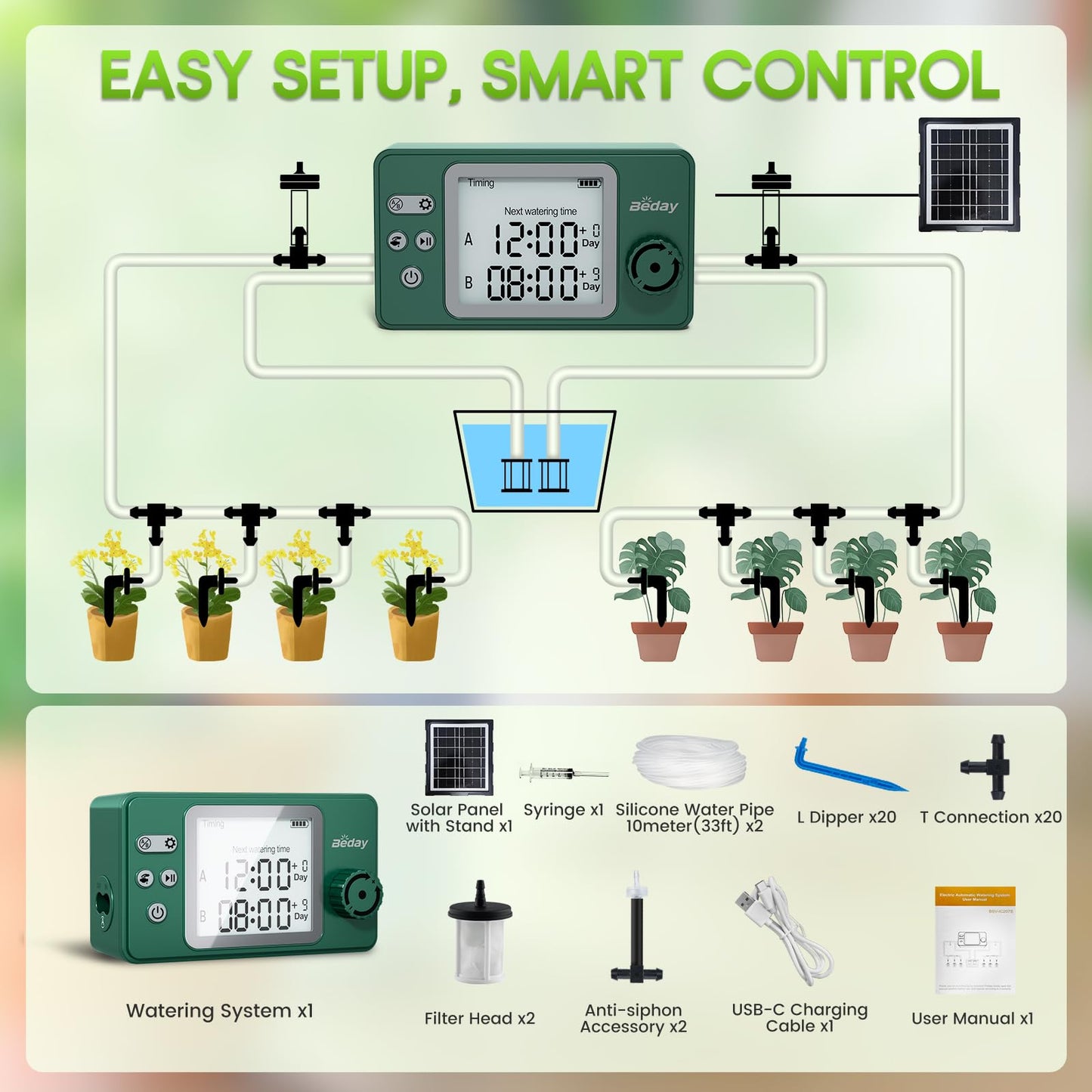 Solar Powered Dual Pump Drip Irrigation Kit for Outdoor Indoor Plants, 2-Zone Smart Self-Watering System with USB Charging, Automatic Plant Waterer for Garden Patio Balcony Vacation