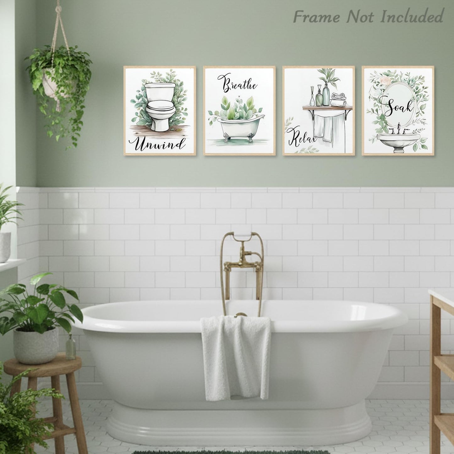 Dazzlewall 4pcs Relax Unwind Breath Soak Wall Decor, Minimalist Sage Green Leaves Bathroom Bathtub Washbasin Toilet Wall Art Poster, 8x10 in Unframed