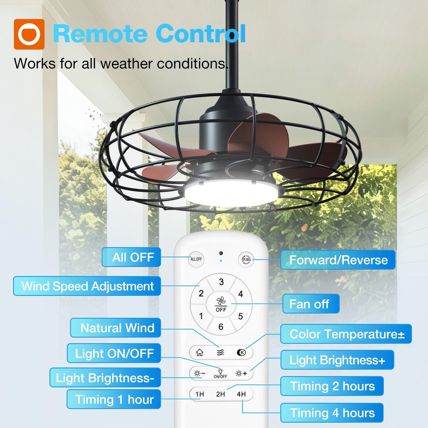 addlon 20 Inch Outdoor Ceiling Fan with Light for Patio, IP65 Waterproof Plug in Caged Hanging Fan, Remote Control, 3 CCT, 6 Speeds Reversible Outdoor Fan for Gazebo, Pergola, Porch