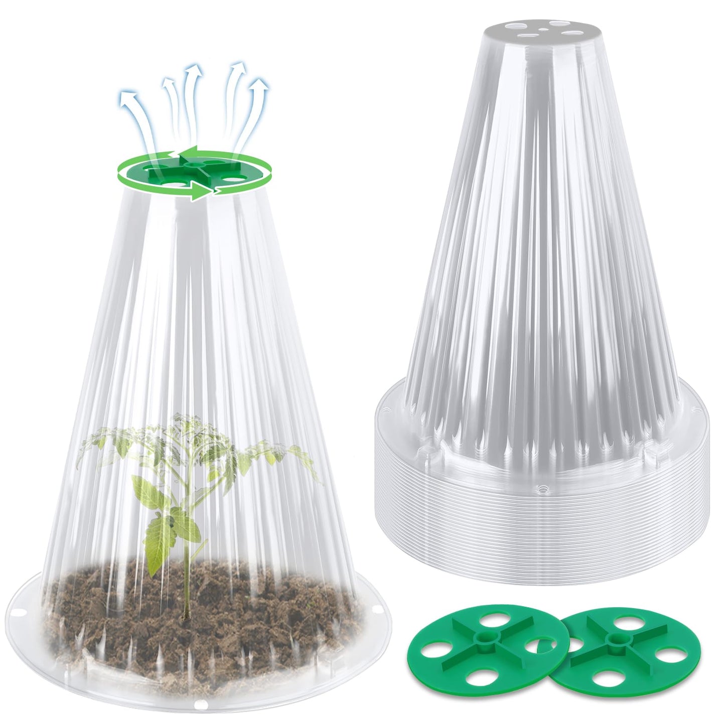 UQM 30 Pack Garden Cloches for Plants, Reusable Bell Plant Protector with Rotary Vent Cover, Garden Protection from Animals Snails Birds Chickens Insect, 9.44" H X 8.07" D (Clear)