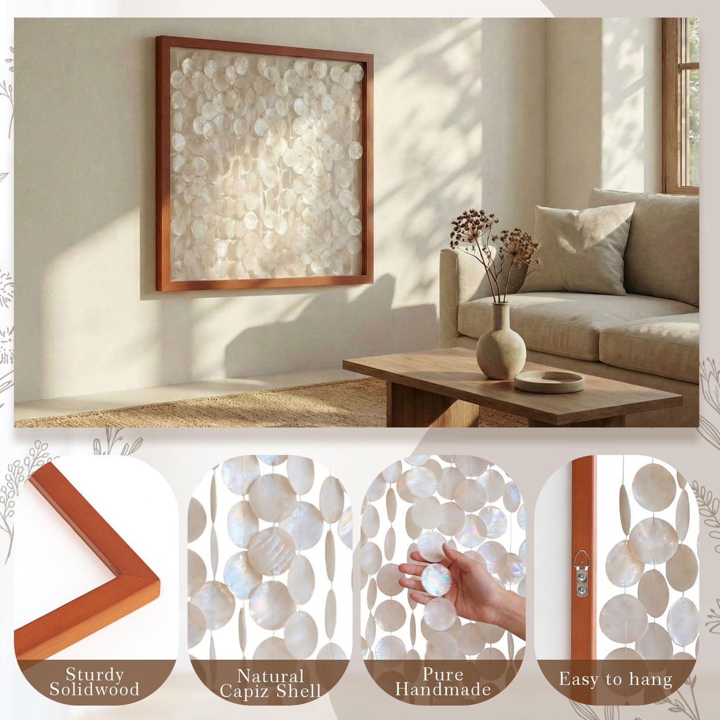 Yerliker 1 Pcs 24"x24" Capiz Shell Wall Decor Handmade Coastal Wall Art with Solid Wood Frame 3D Minimalist Natural Ocean Sea Shell Decor Frame Beach Nautical Art for Home Living Room Office Bedroom