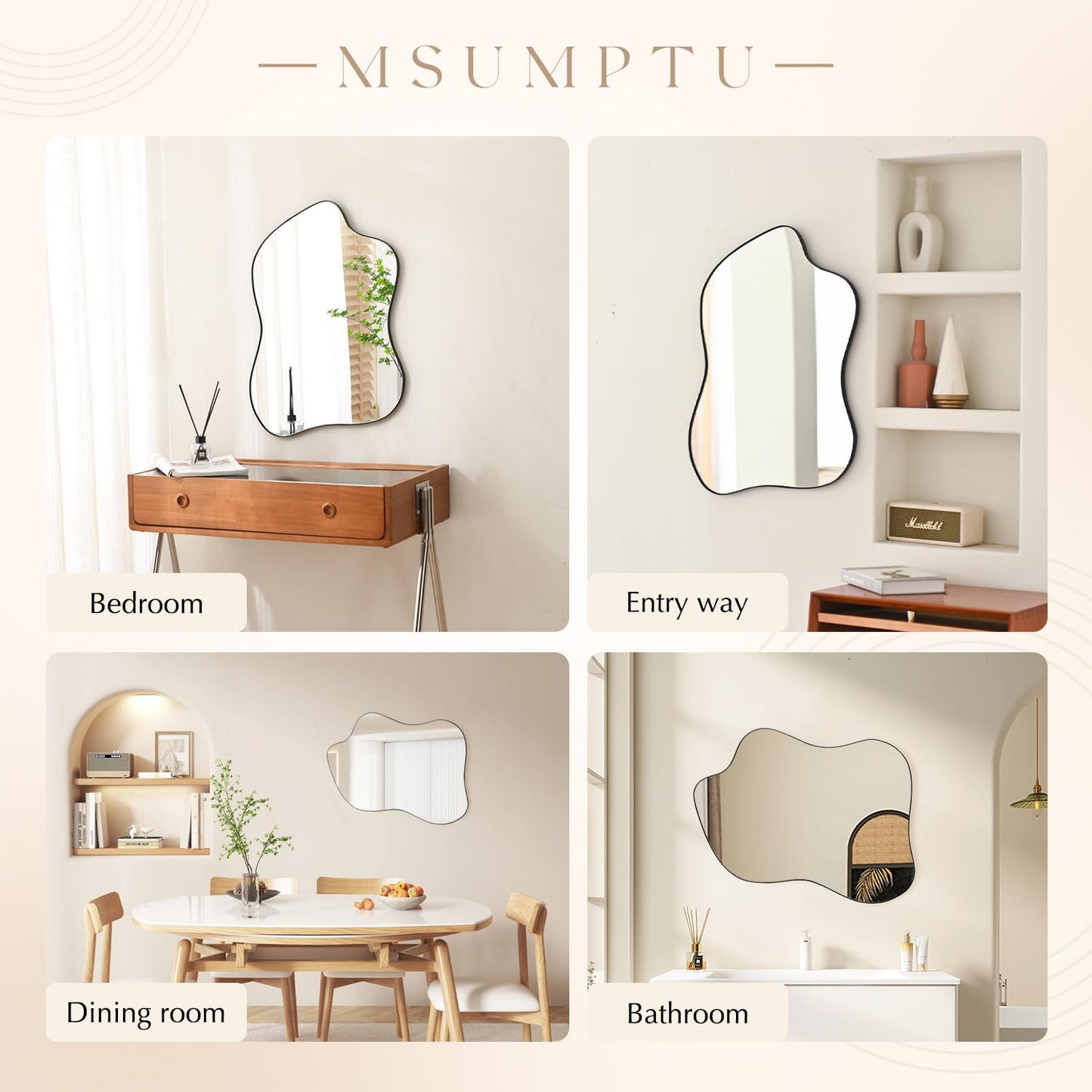 MSUMPTU Irregular Wall Mirror Black Wave Shaped Metal Framed Wall Mirror for Bathroom Bedroom Entryway Living Room Wall Decor 24" L x 18" W 2305B