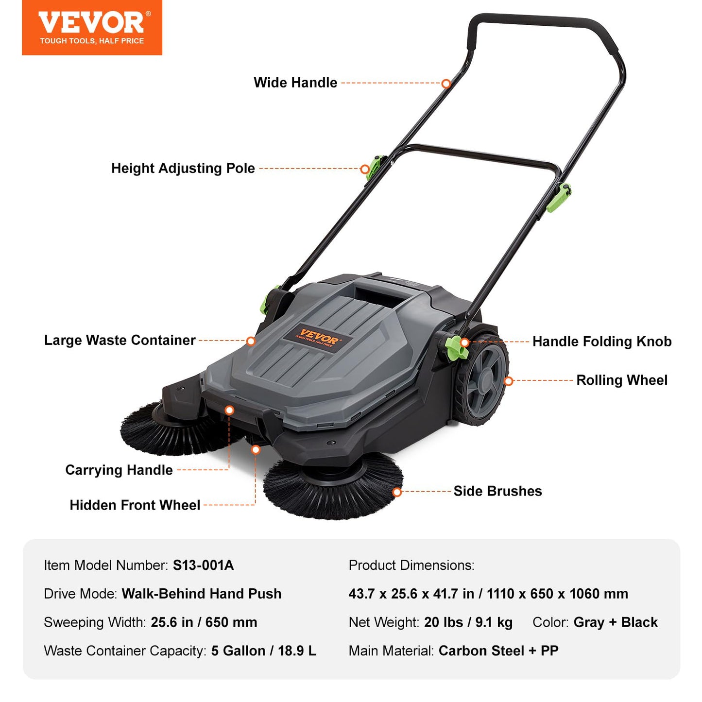VEVOR Walk-Behind Hand Push Floor Sweeper, 25.6" Sweeping Width Floor Sweeper Manual Non-Electric, 5-Gallon Waste Container, Angle & Height Adjustable Folding Handle for Walkway, Yard, Garage, Patio